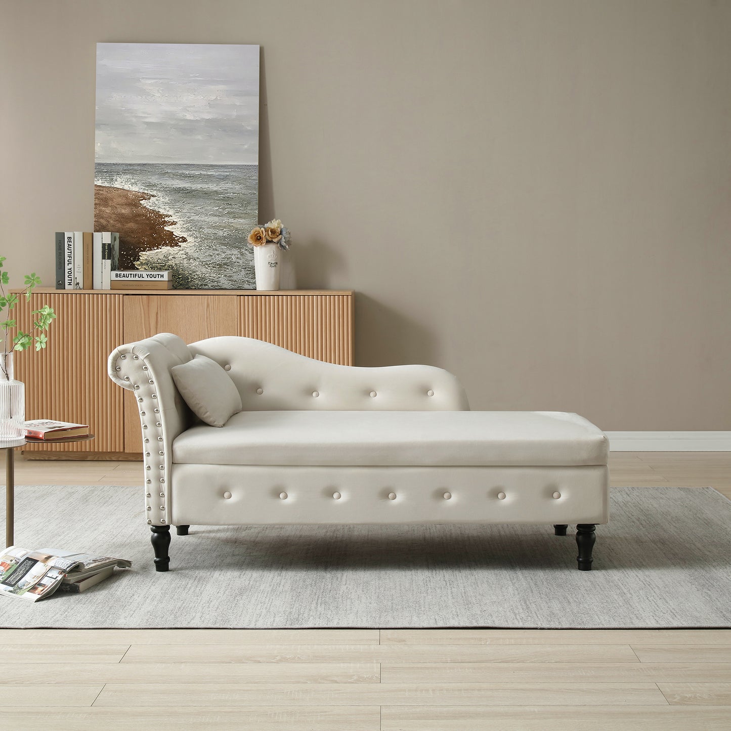 Cream velvet chaise lounge with tufted details and silver nailhead trim