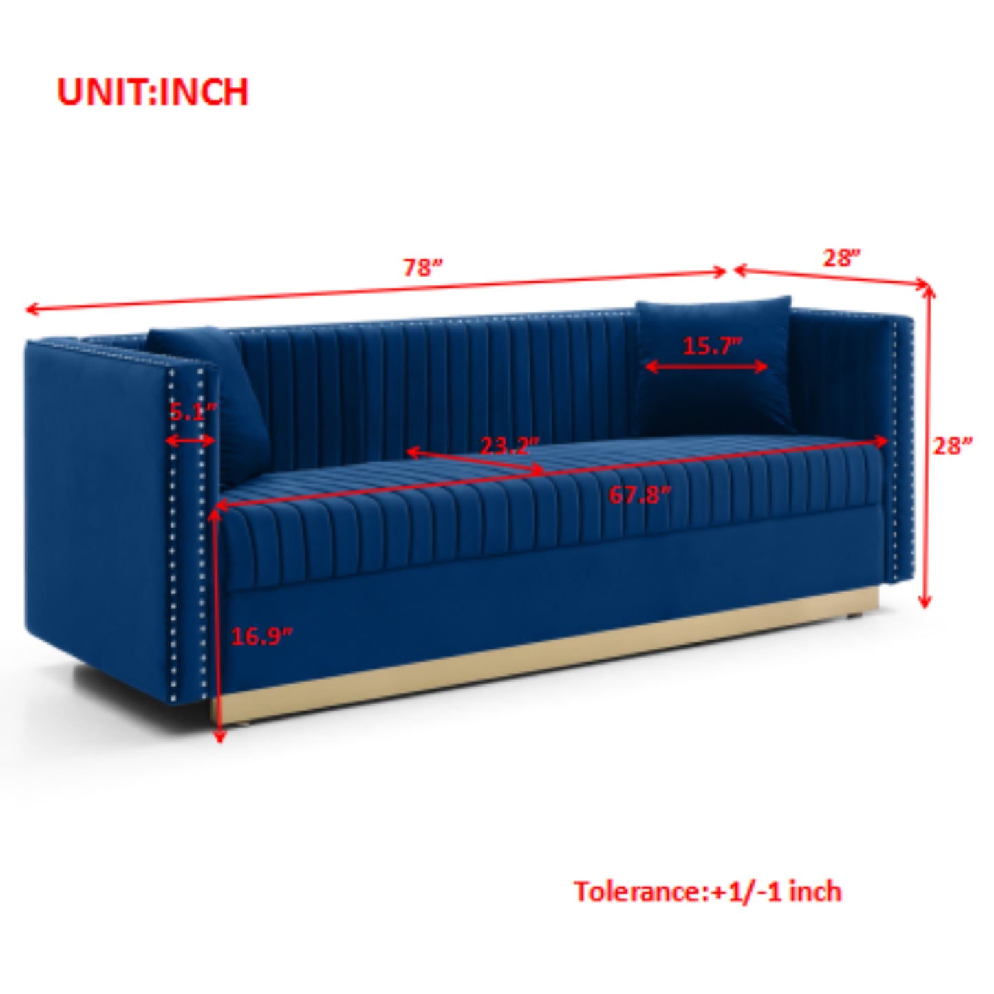 Deep blue velvet sofa with channel tufting and gold base