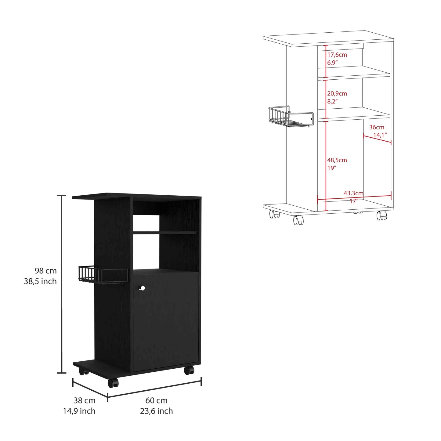 Black rolling bar cart with two shelves and storage cabinet