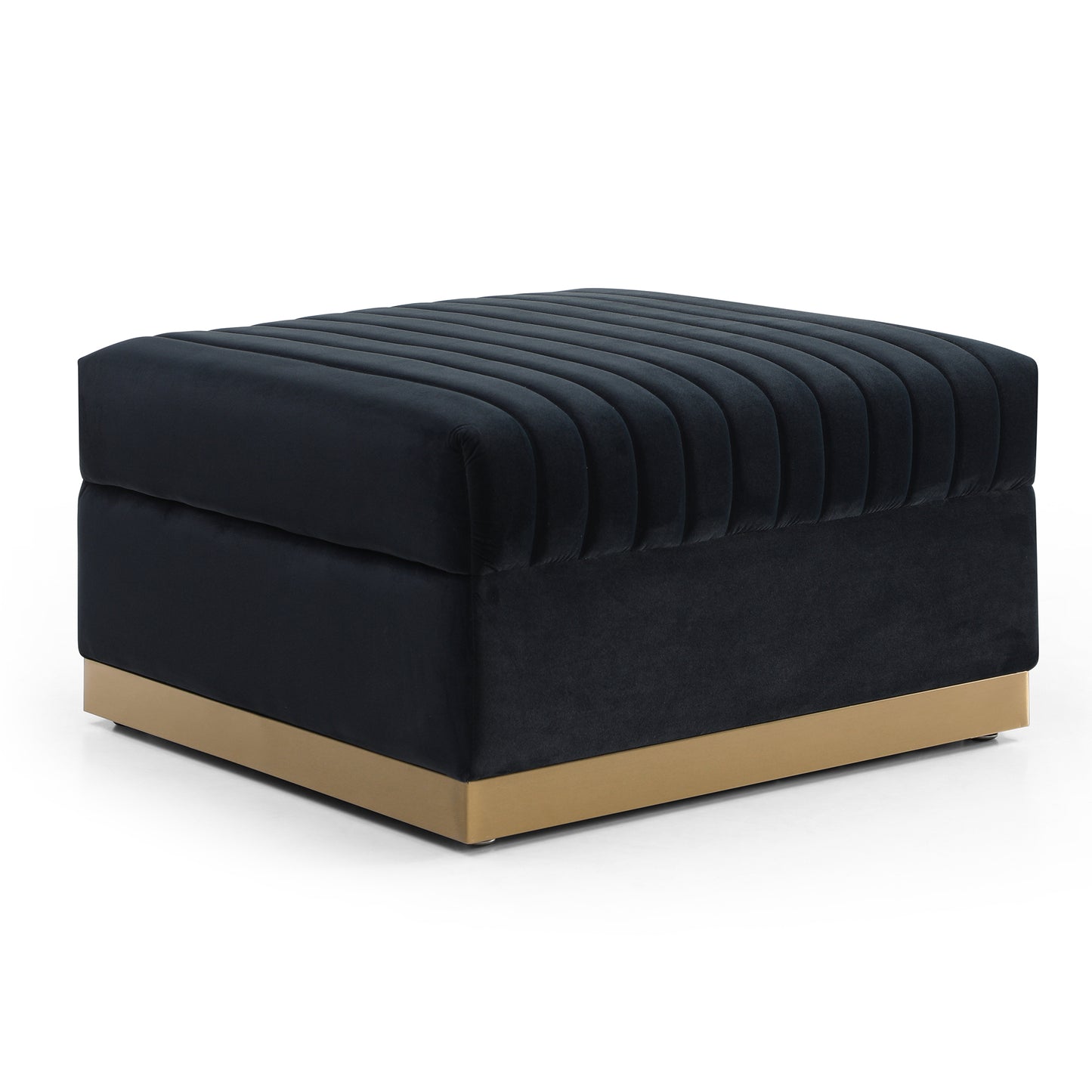 Black velvet ottoman with channel tufting and gold base
