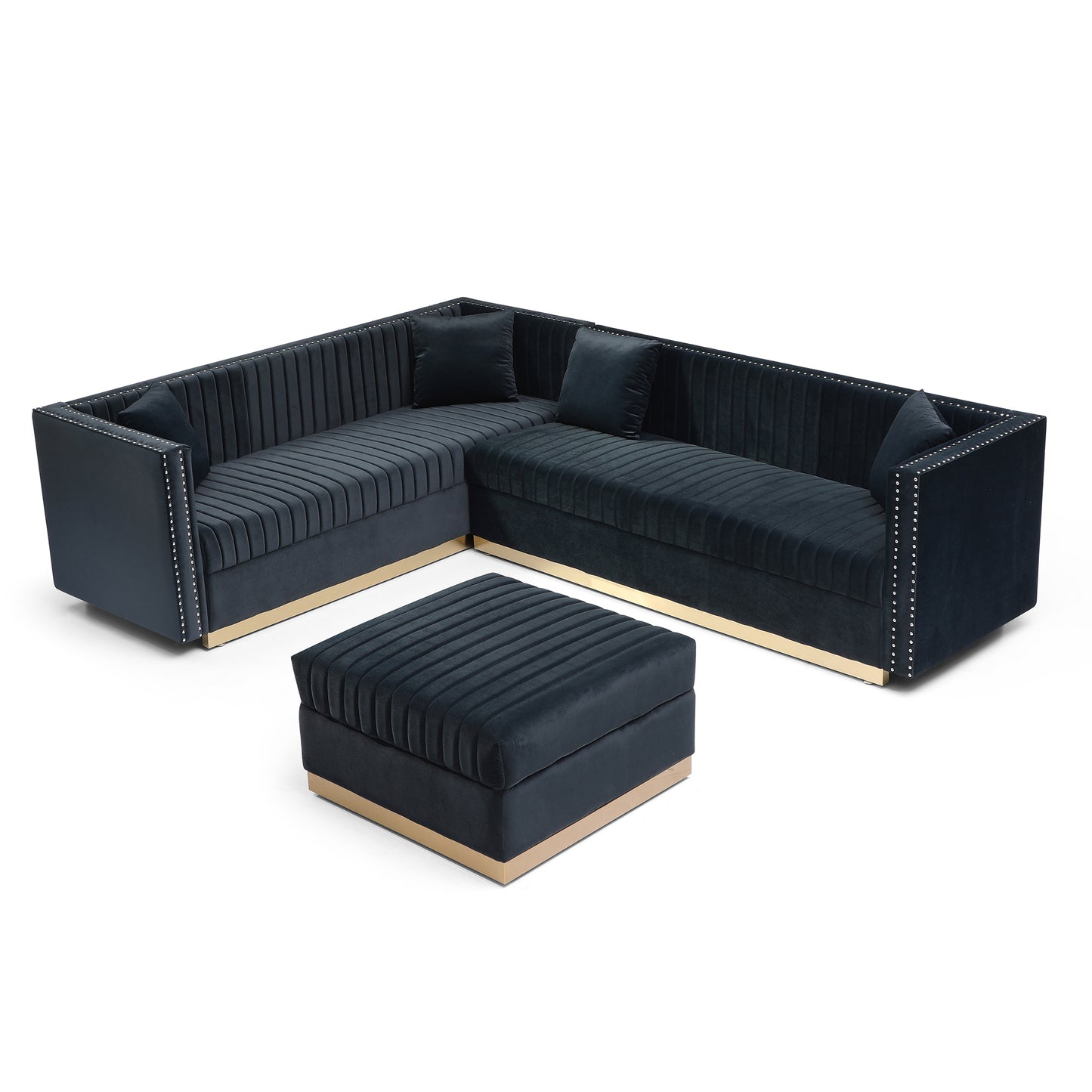 Dark blue velvet sectional sofa with gold trim and tufted ottoman