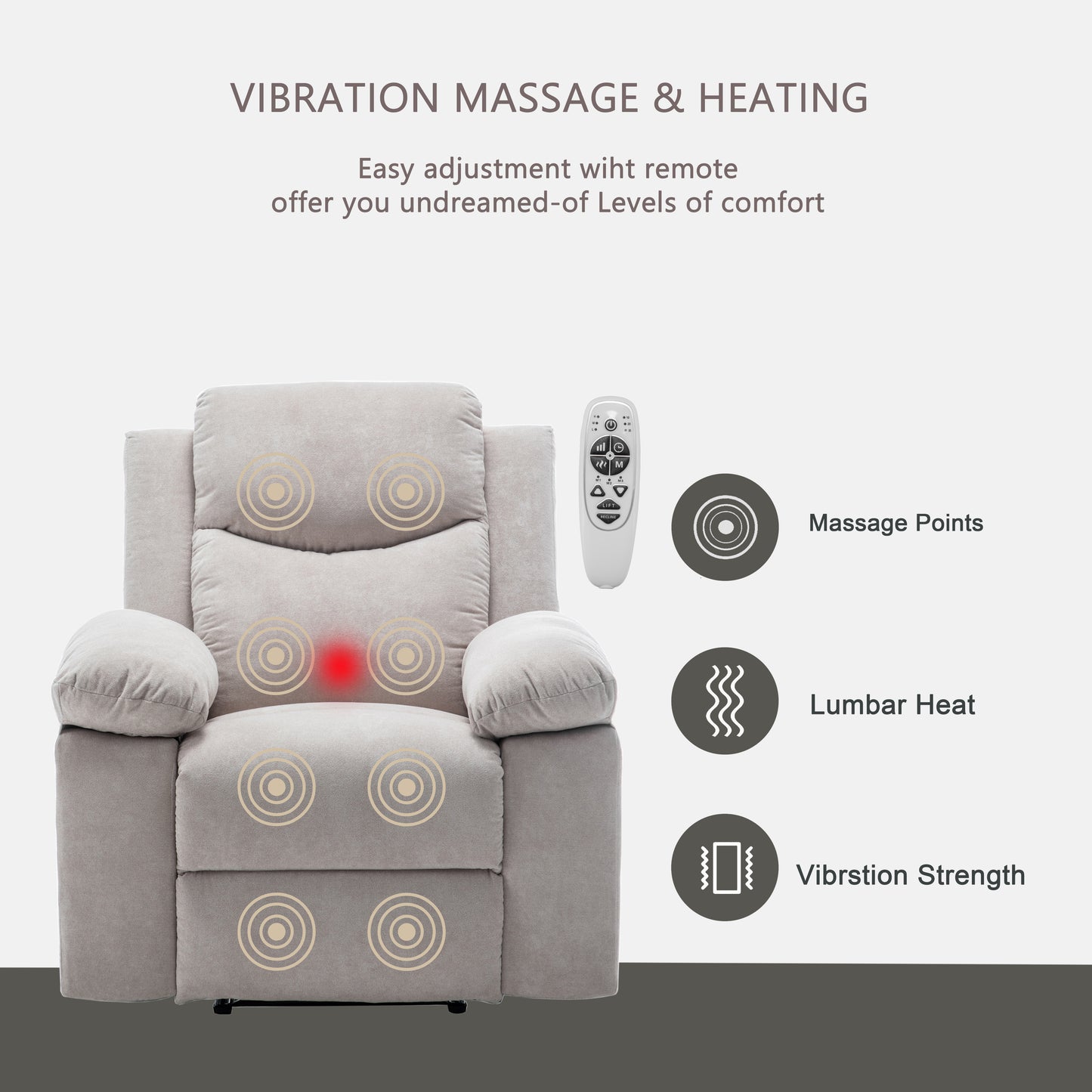 Beige fabric recliner with massage points and lumbar heat functionality