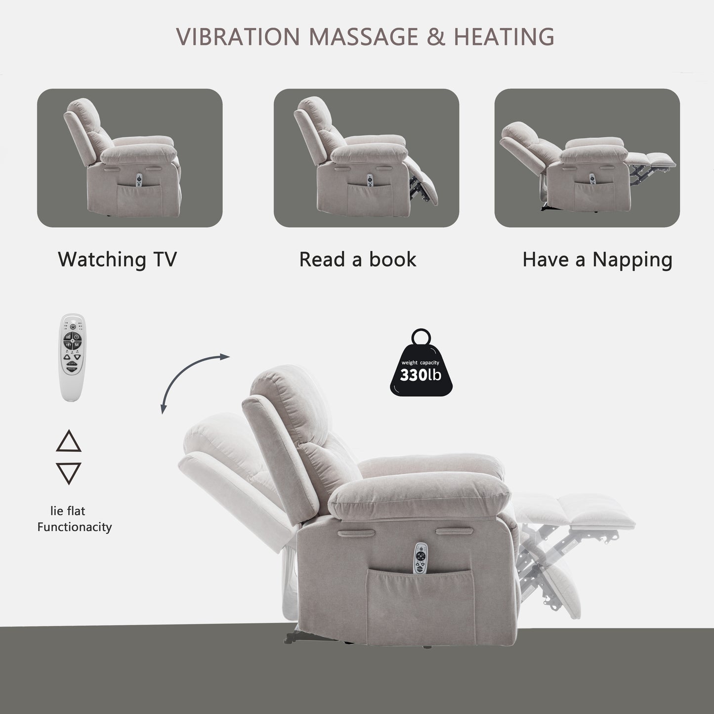 Light gray fabric recliner with remote control for watching TV and heating