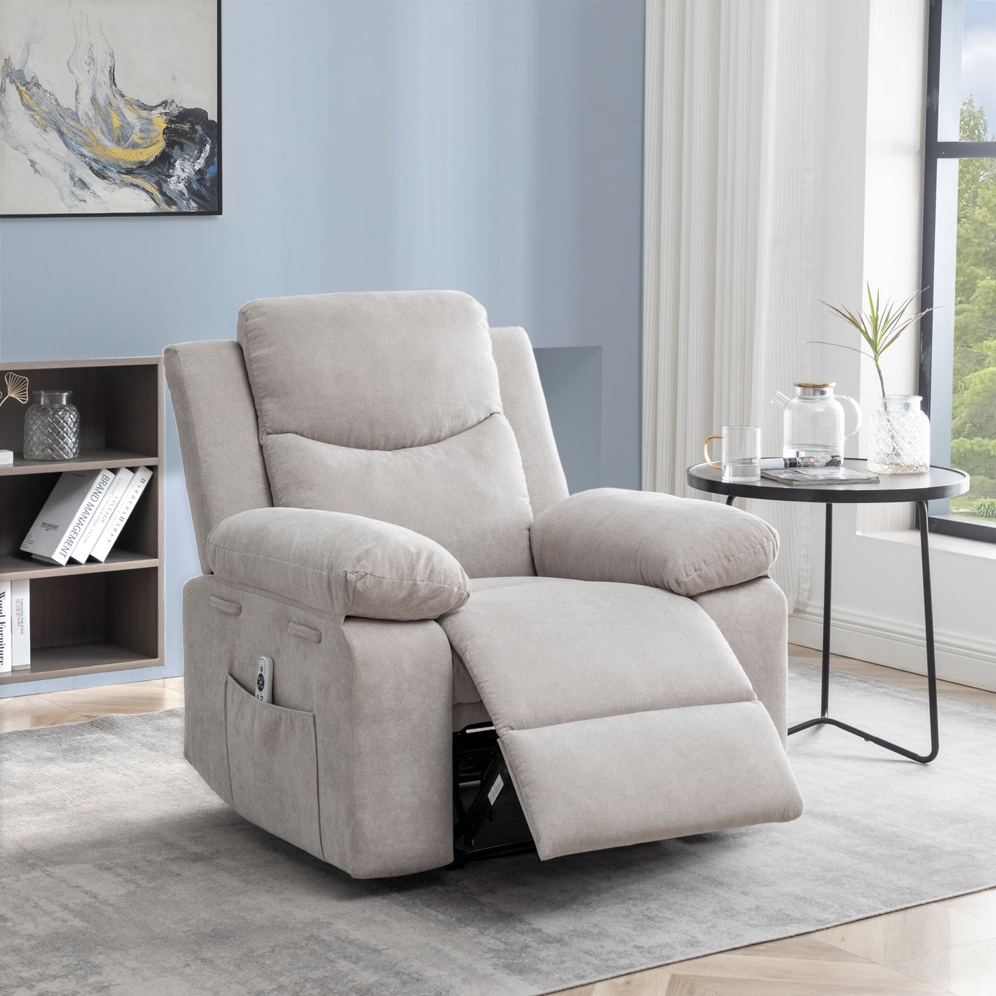 Light beige fabric power recliner with integrated side pocket for remote control