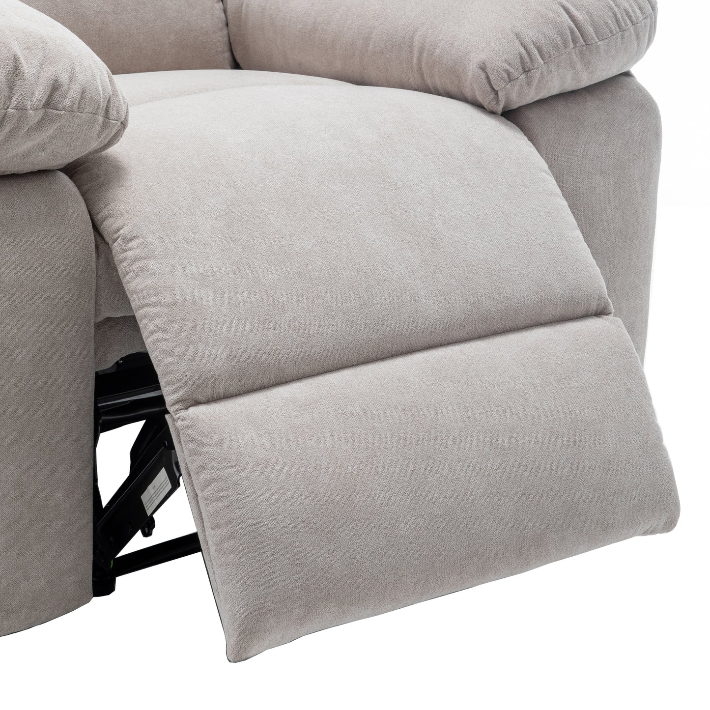 Beige recliner chair with extended footrest and textured fabric upholstery