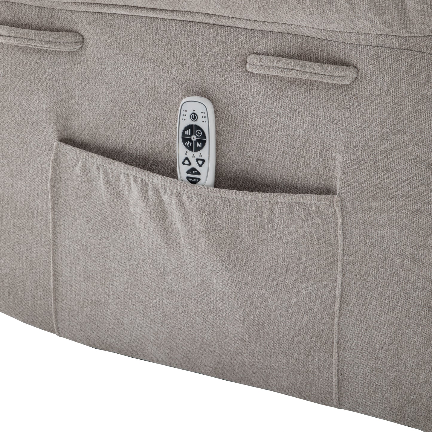 Closeup of a beige recliner fabric with a fitted pocket holding a white remote control for lift and recline functions