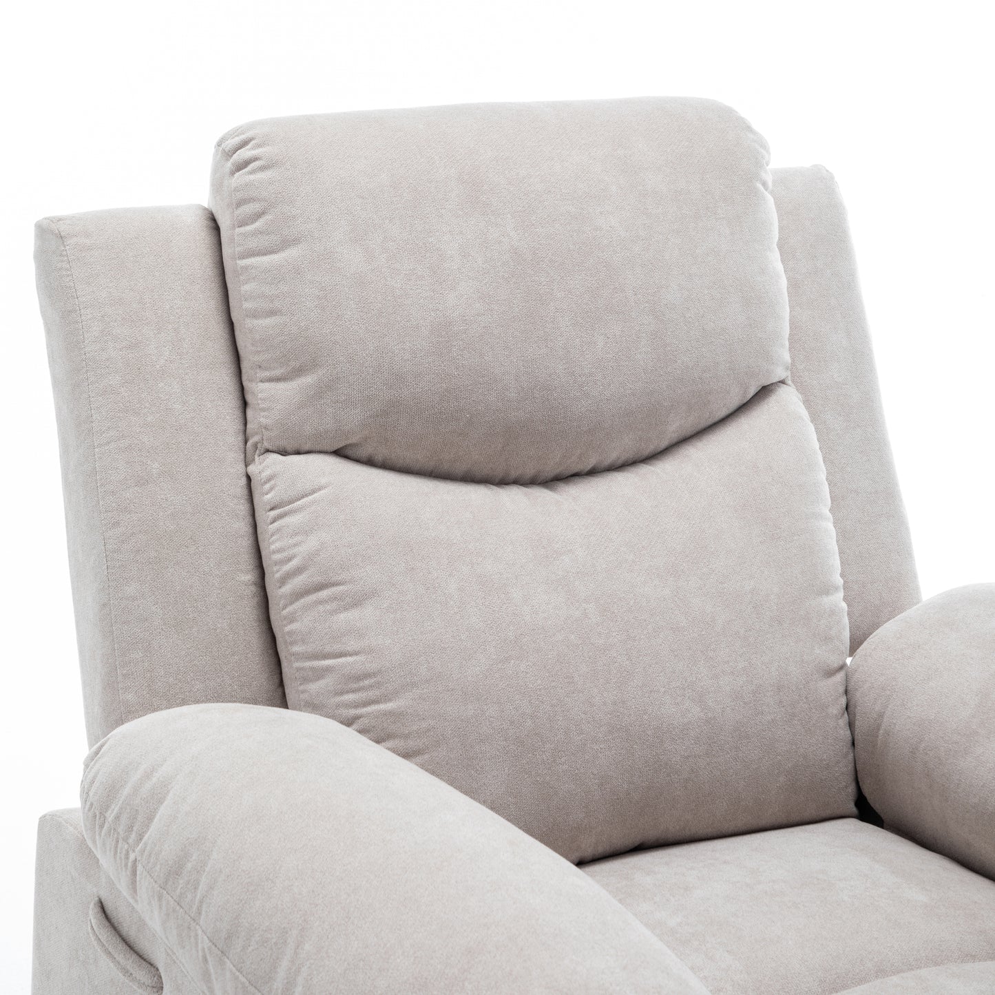 Light grey fabric recliner chair detail showing plush headrest and armrest