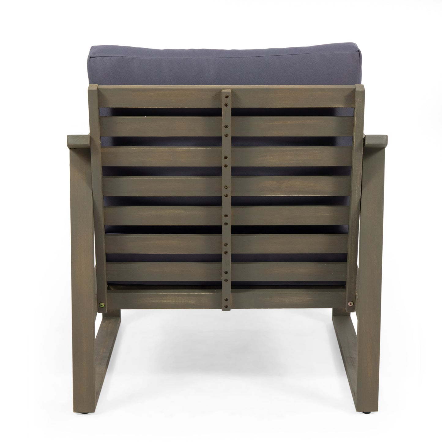 Back view of a modern wooden armchair with dark grey cushion