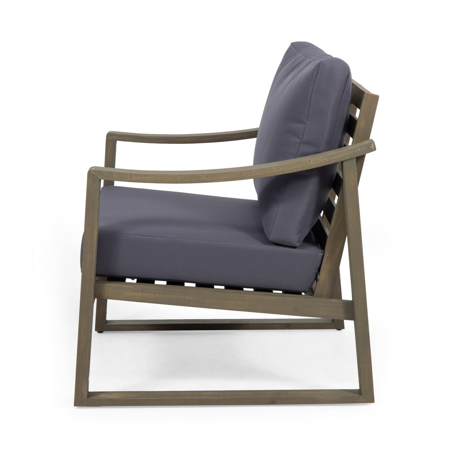 Modern grey upholstered outdoor armchair with distressed wood frame