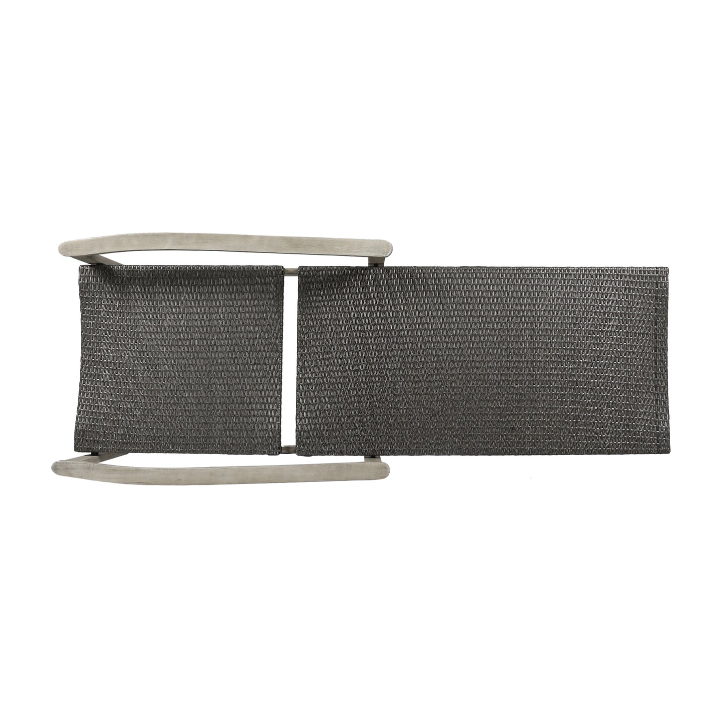 Dark grey woven patio chaise lounge with light grey wooden arms