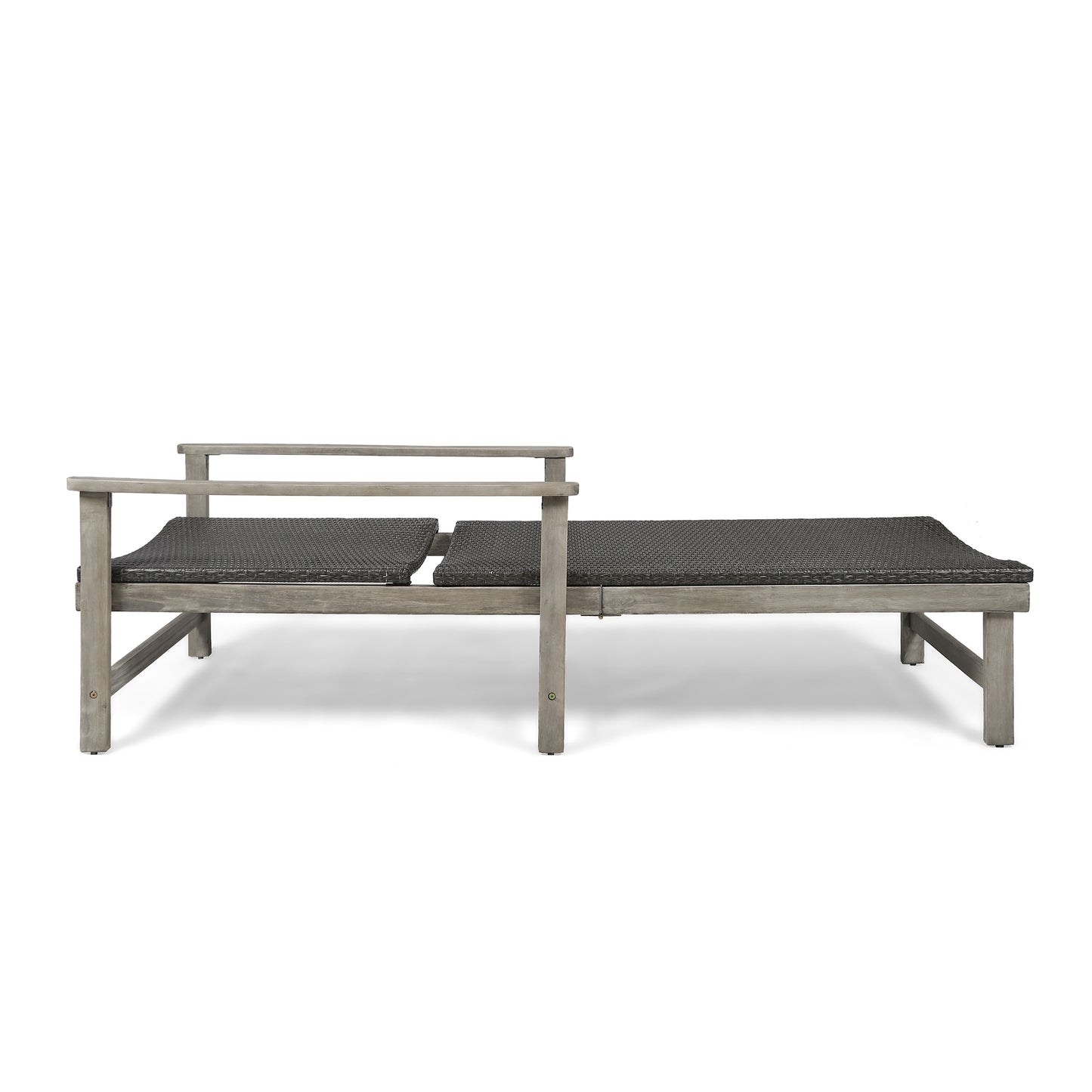 Gray wood outdoor chaise lounge with dark gray wicker seat