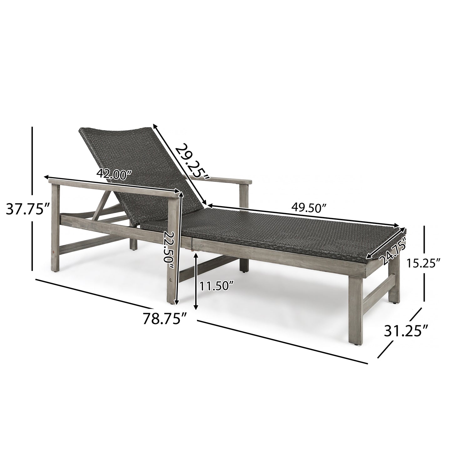 Gray wicker outdoor chaise lounge with adjustable back and wood frame L