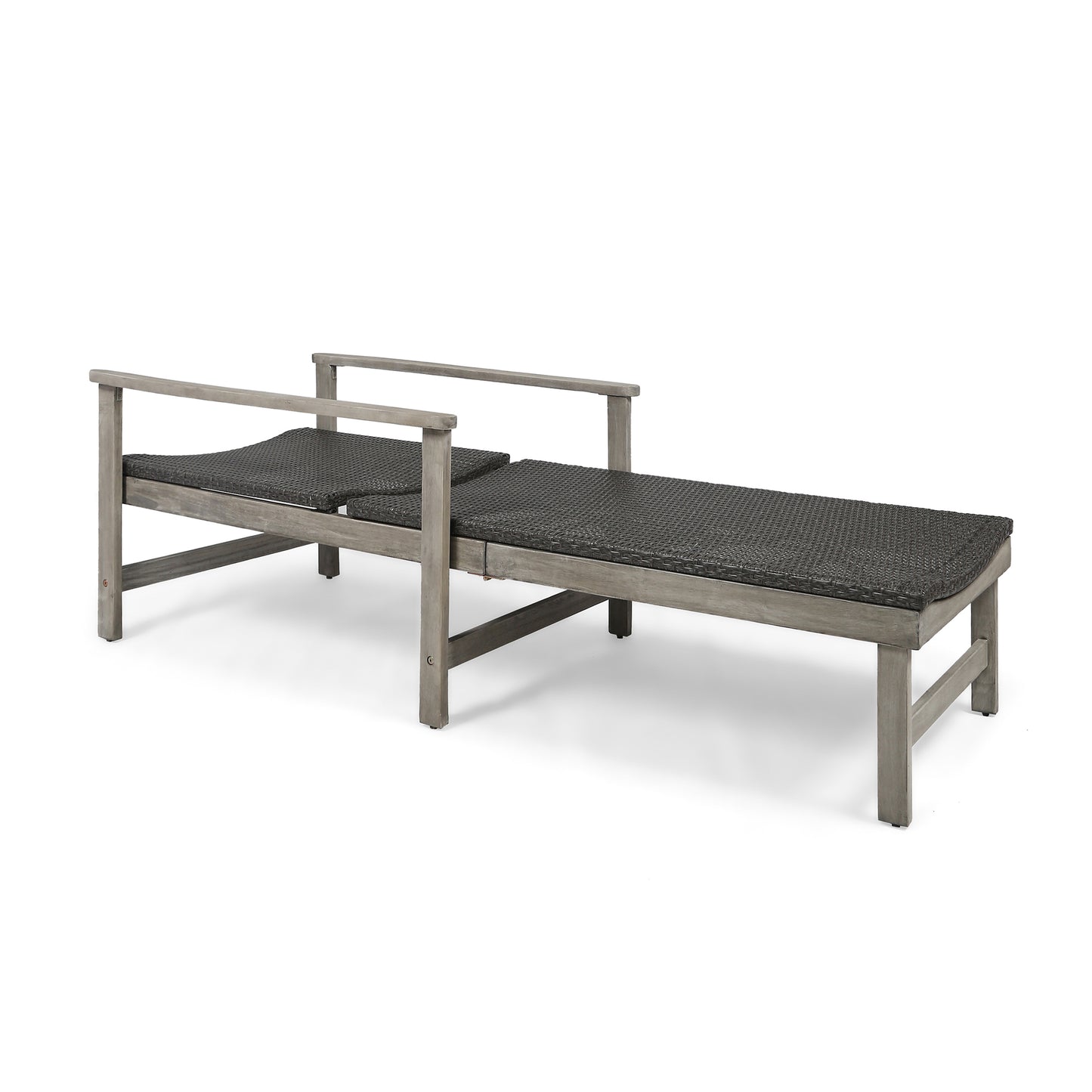 Grey wooden patio chaise lounge with dark woven seating and adjustable backrest