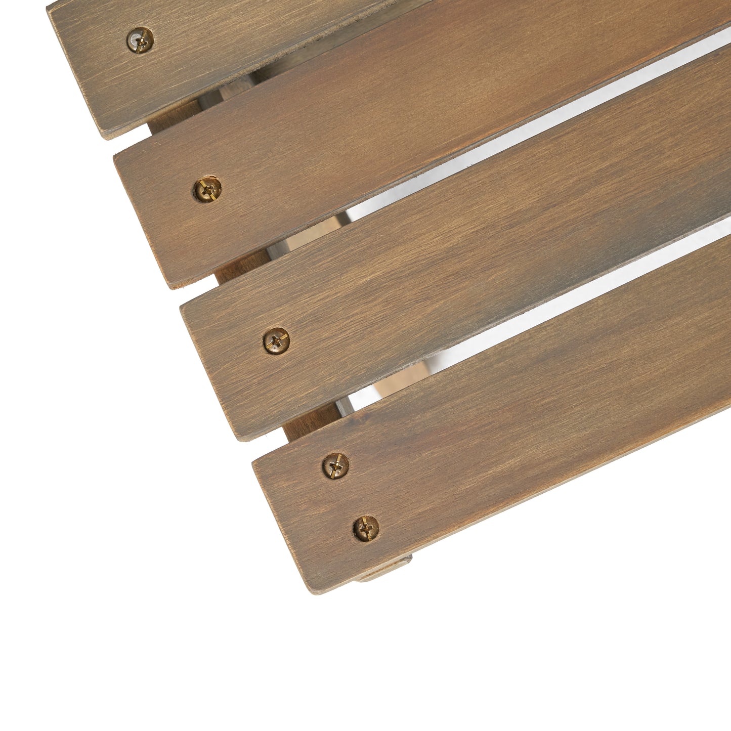 Closeup of distressed brown wooden planks on a slatted surface with visible screw fasteners suitable for outdoor furniture