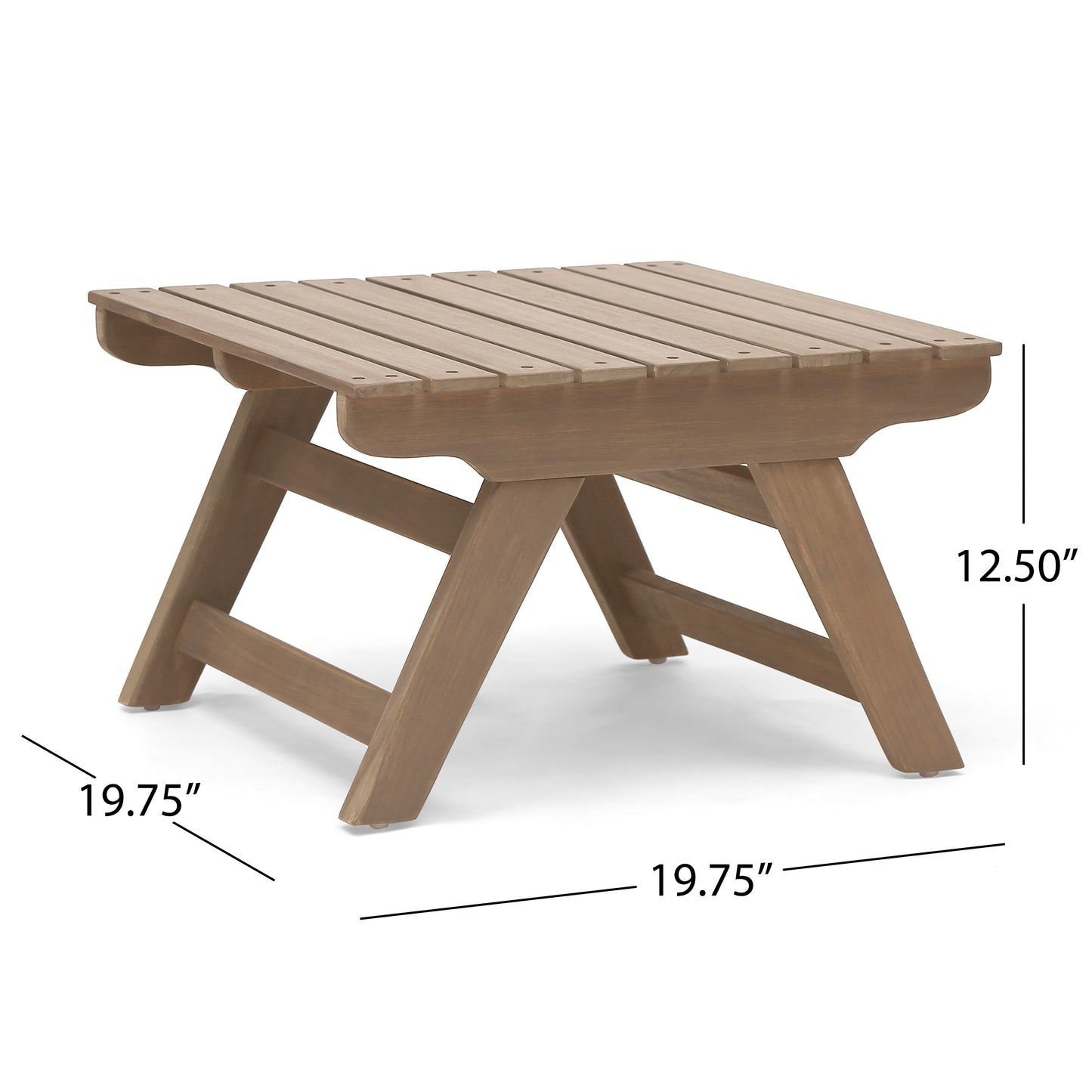 Rustic brown wooden slatted outdoor side table with Xshaped legs