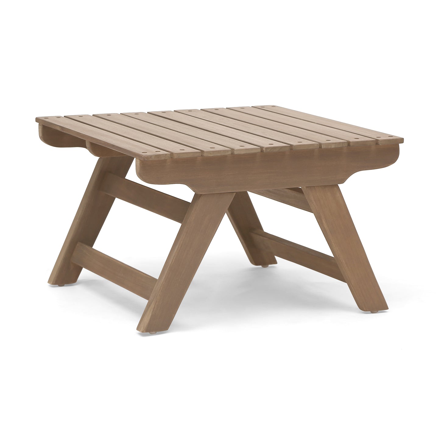 Rustic wooden patio side table with slatted top and folding legs