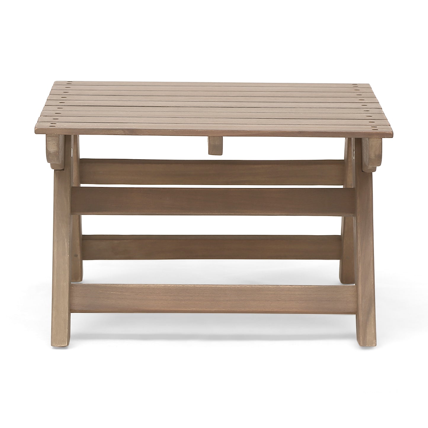 Rustic brown wooden slat outdoor side table with a natural finish and sturdy leg design