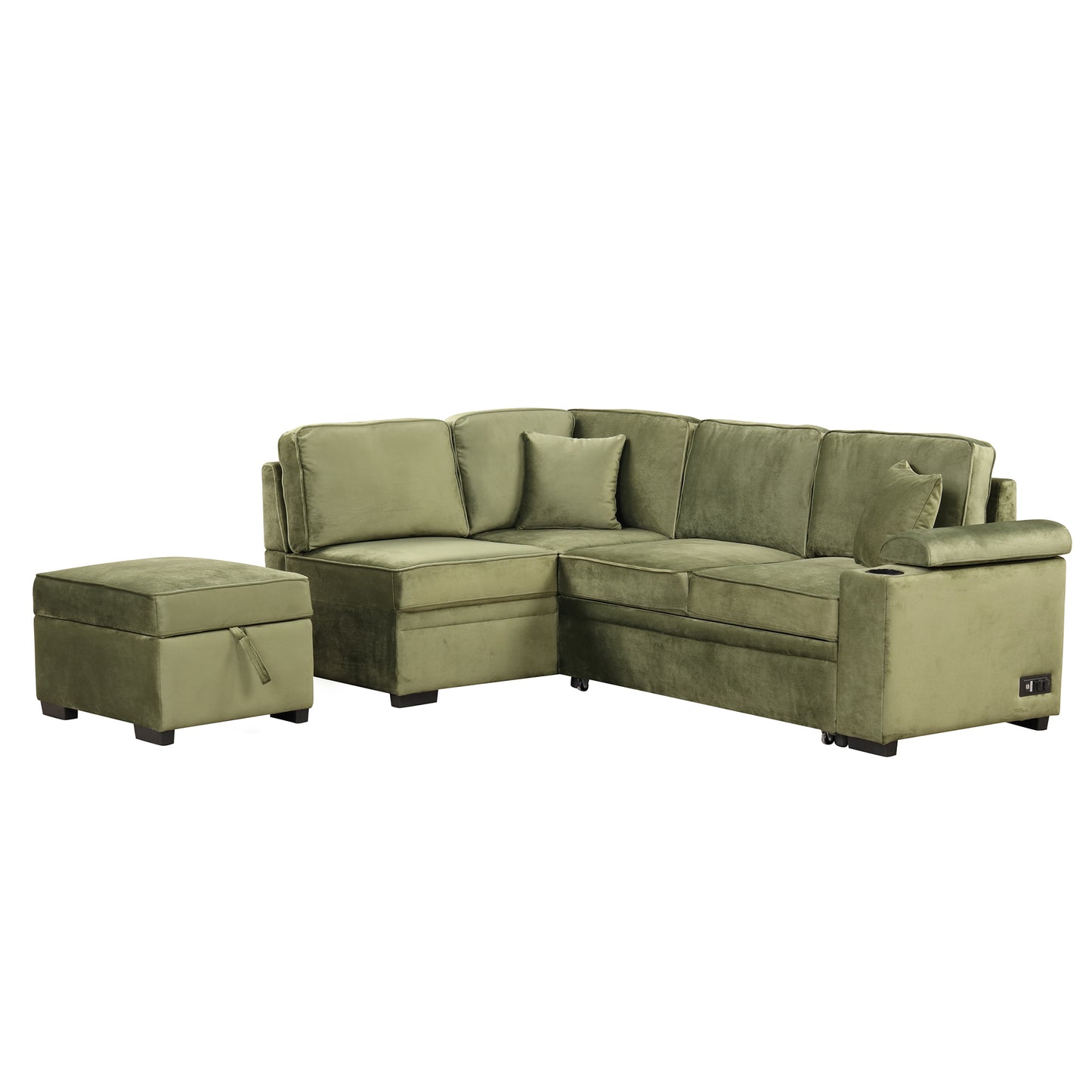 Olive green velvet sectional sofa with matching storage ottoman