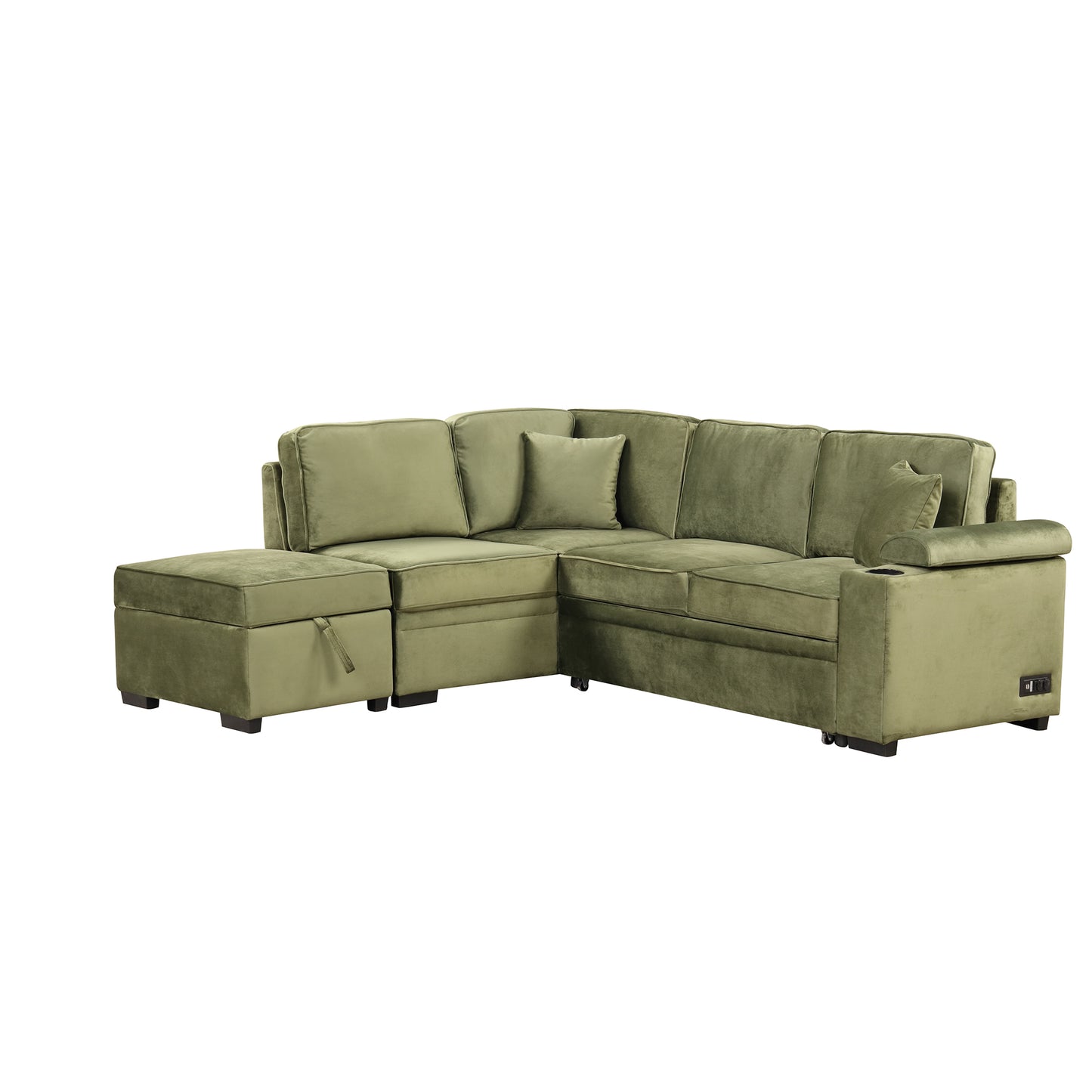 Olive green velvet sectional sofa with chaise and storage ottoman