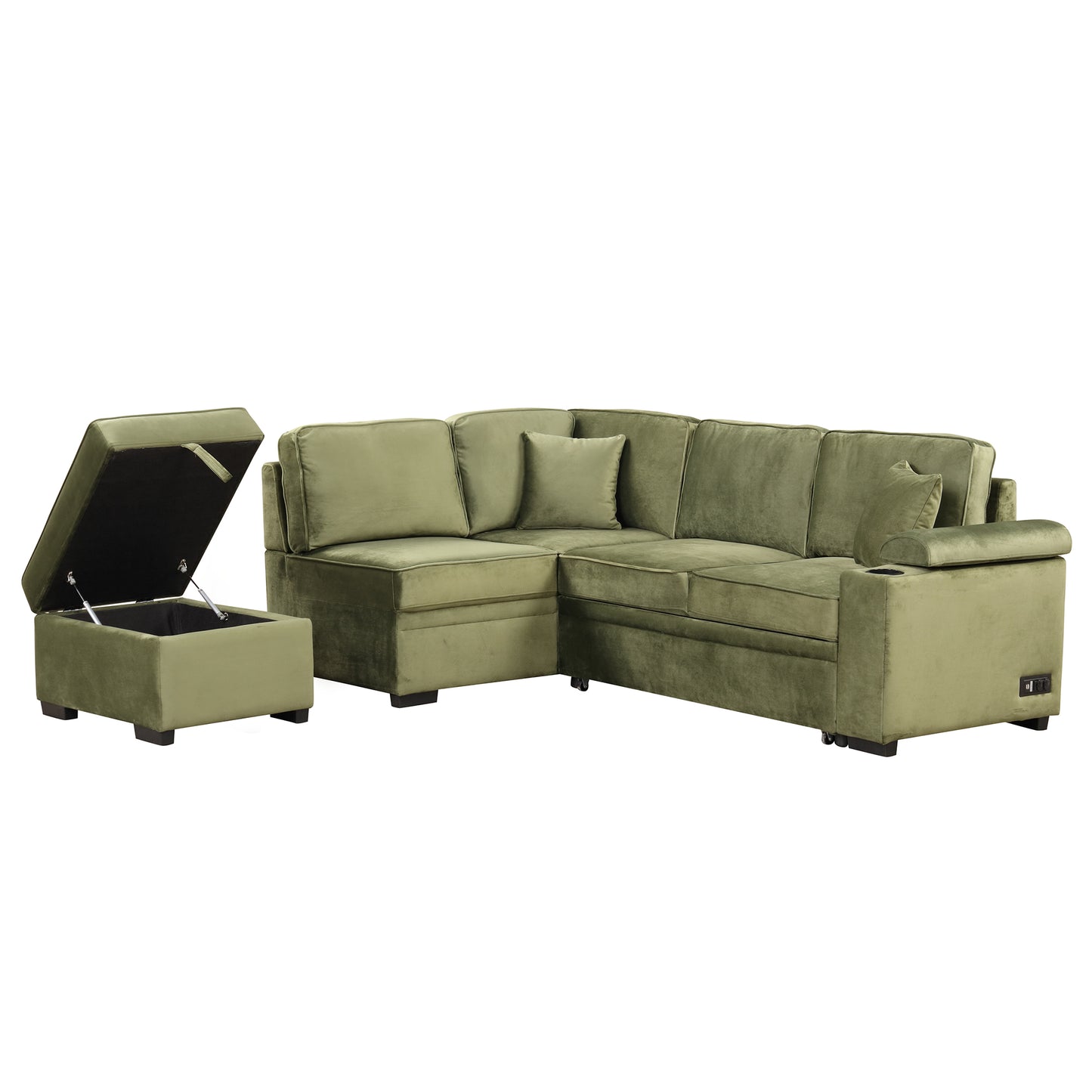 Plush olive green velvet sectional sofa with hidden storage ottoman