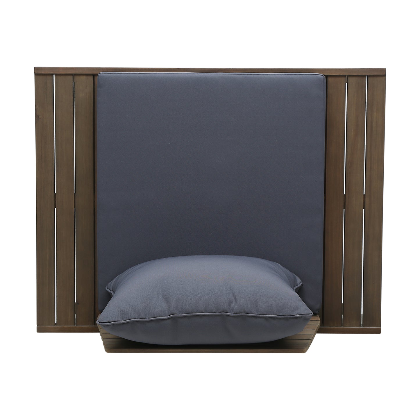 Dark grey cushion and backrest on a wooden patio chair modern outdoor furniture