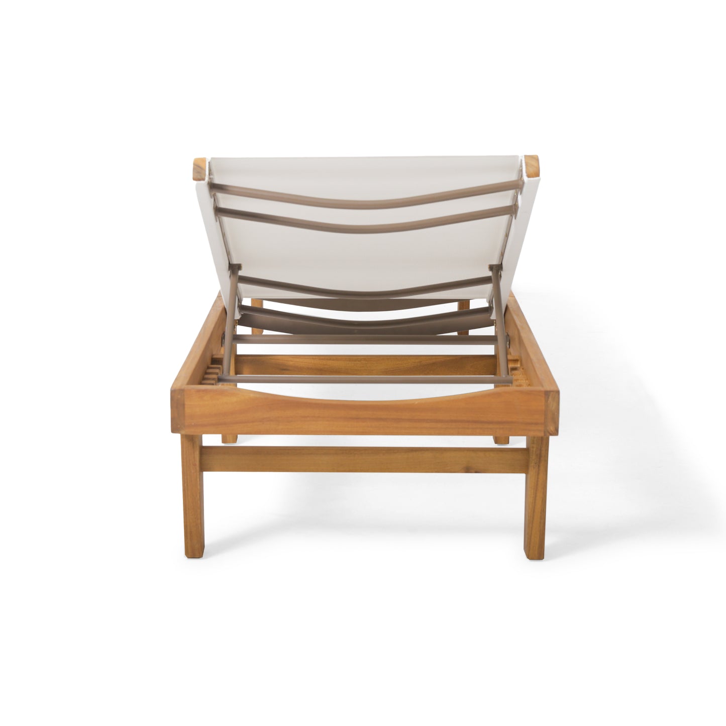 Wooden lounge chair with adjustable white fabric backrest on a white background