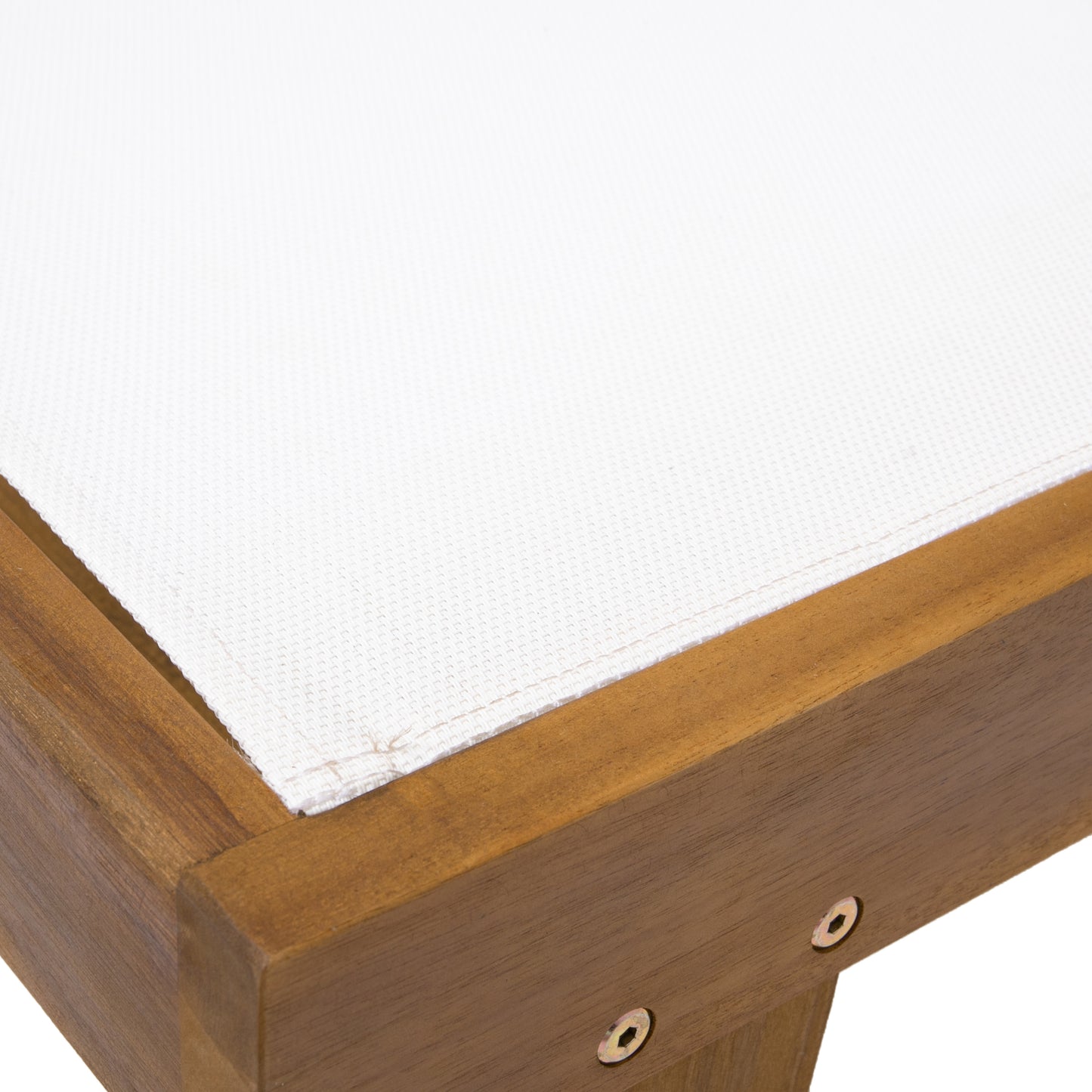Wooden lounge chair frame with white fabric seat detail