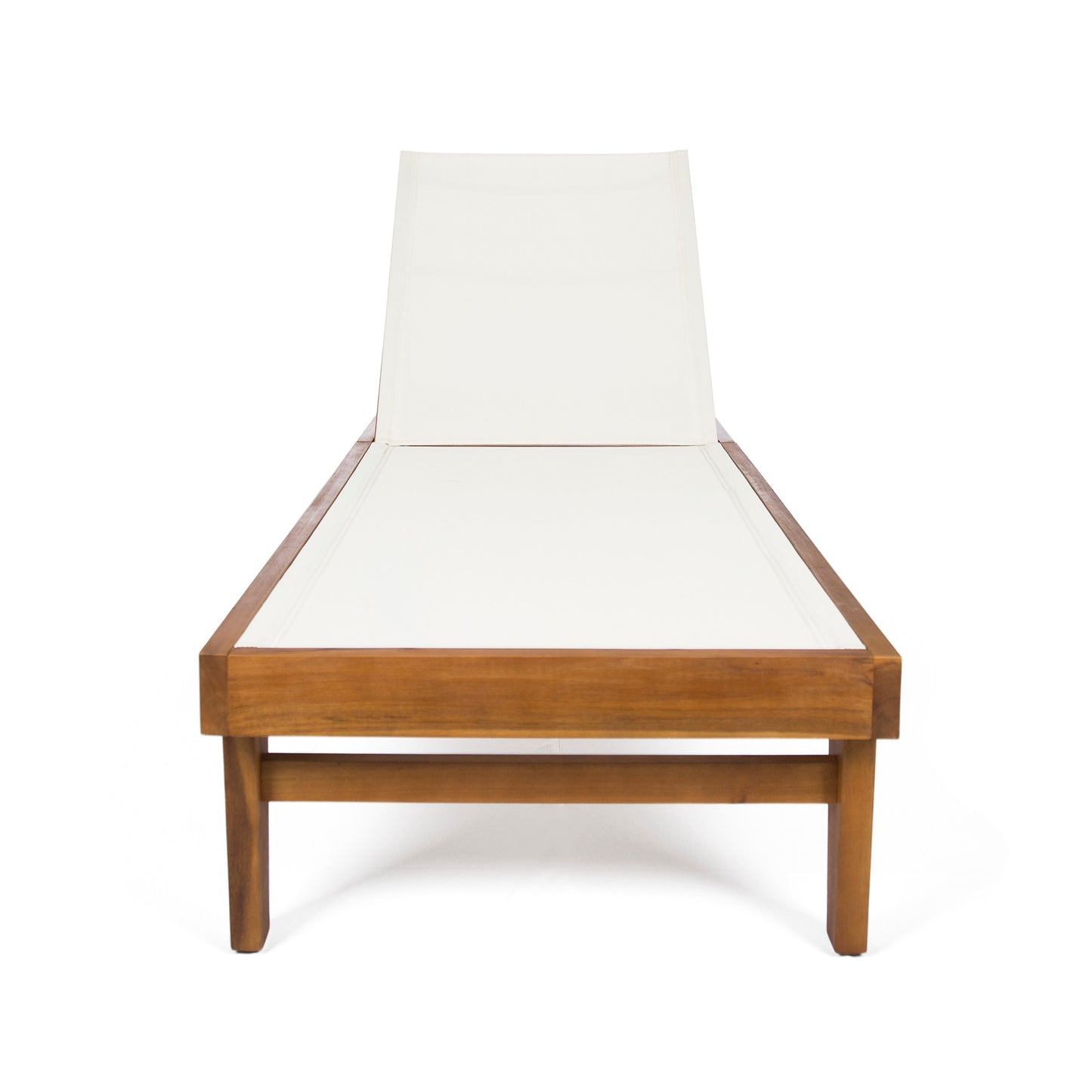 Adjustable reclining wooden chaise lounge chair with white canvas seat for outdoor relaxation