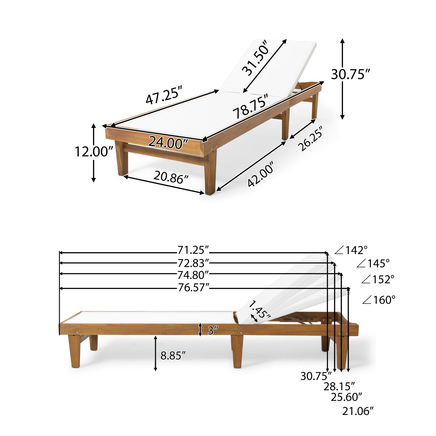 Wooden chaise lounge with white cushion and adjustable back W x L