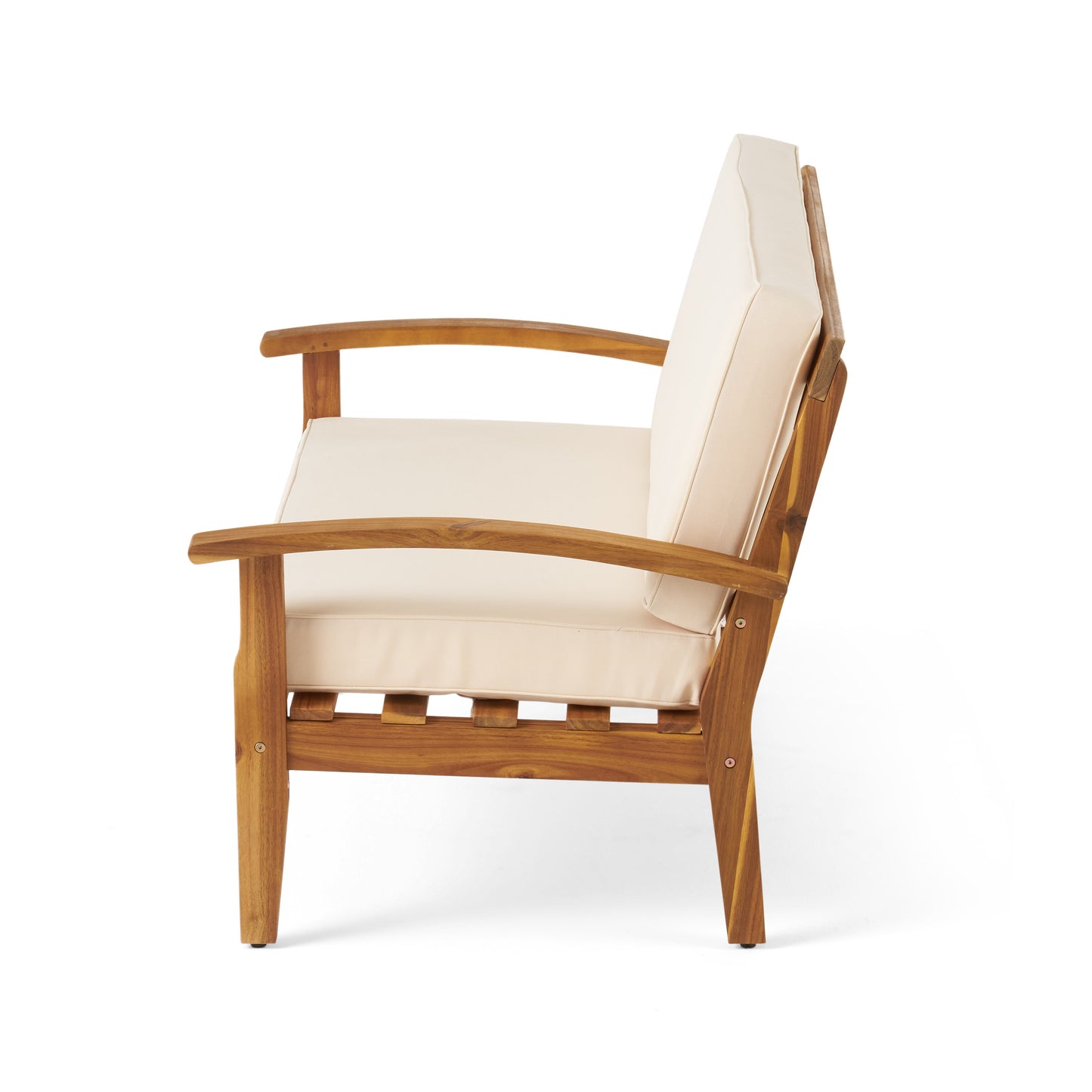 Teak wood outdoor sofa with cream cushions sleek modern design for patio seating