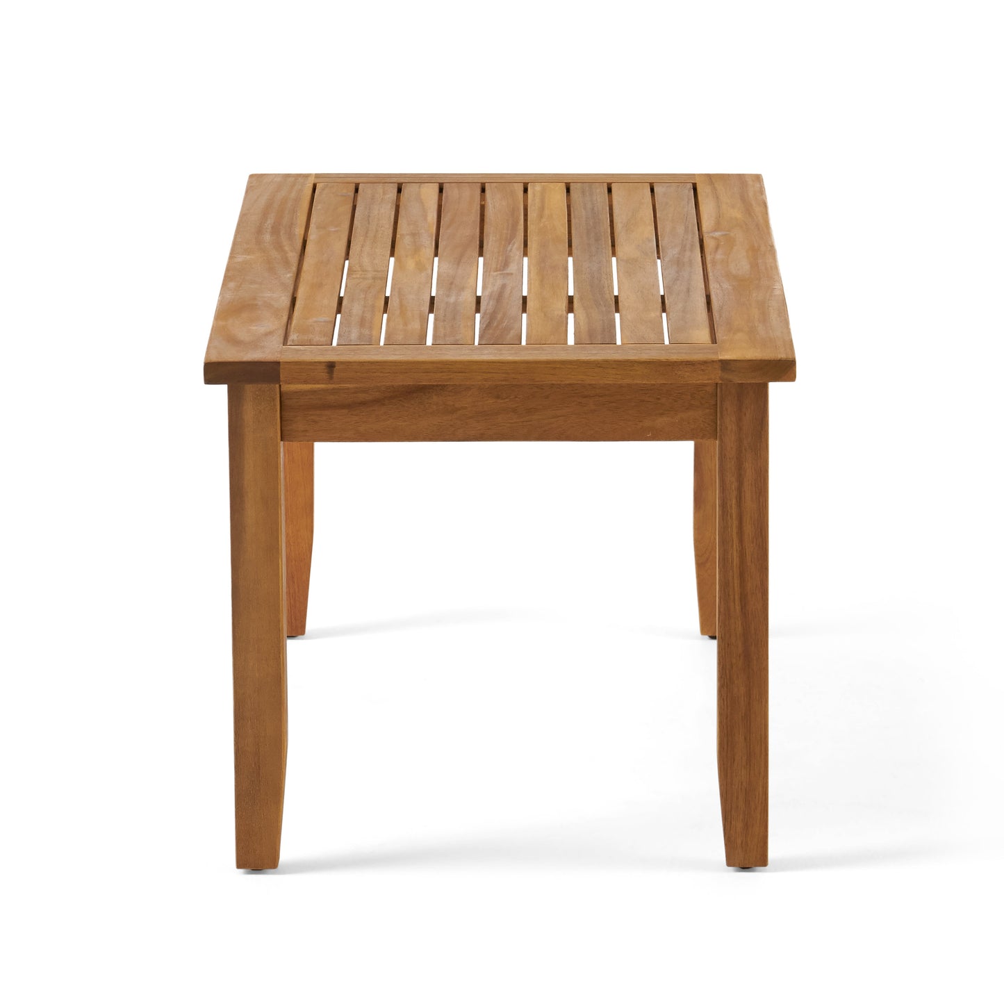 Square wooden patio coffee table with slatted top and four tapered legs