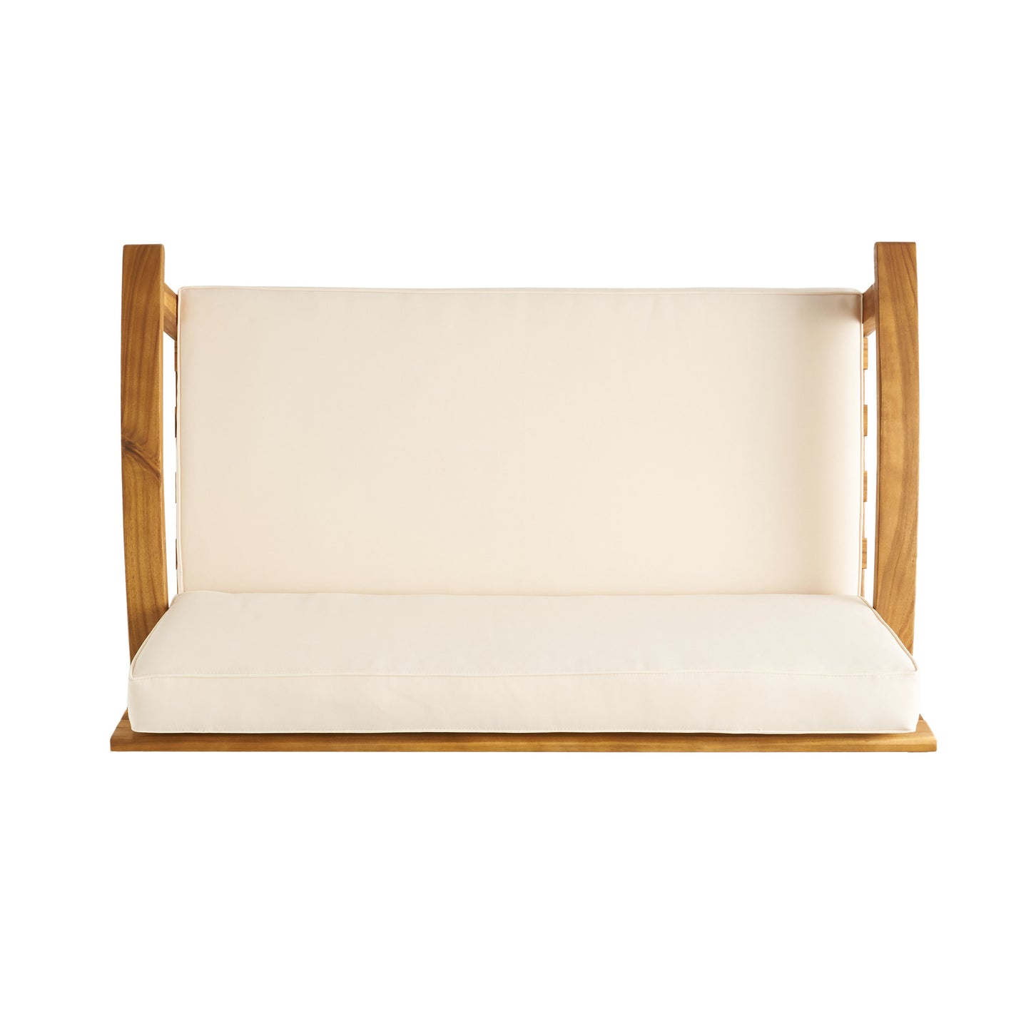 Modern wood swing chair with cream cushions perfect for outdoor relaxation