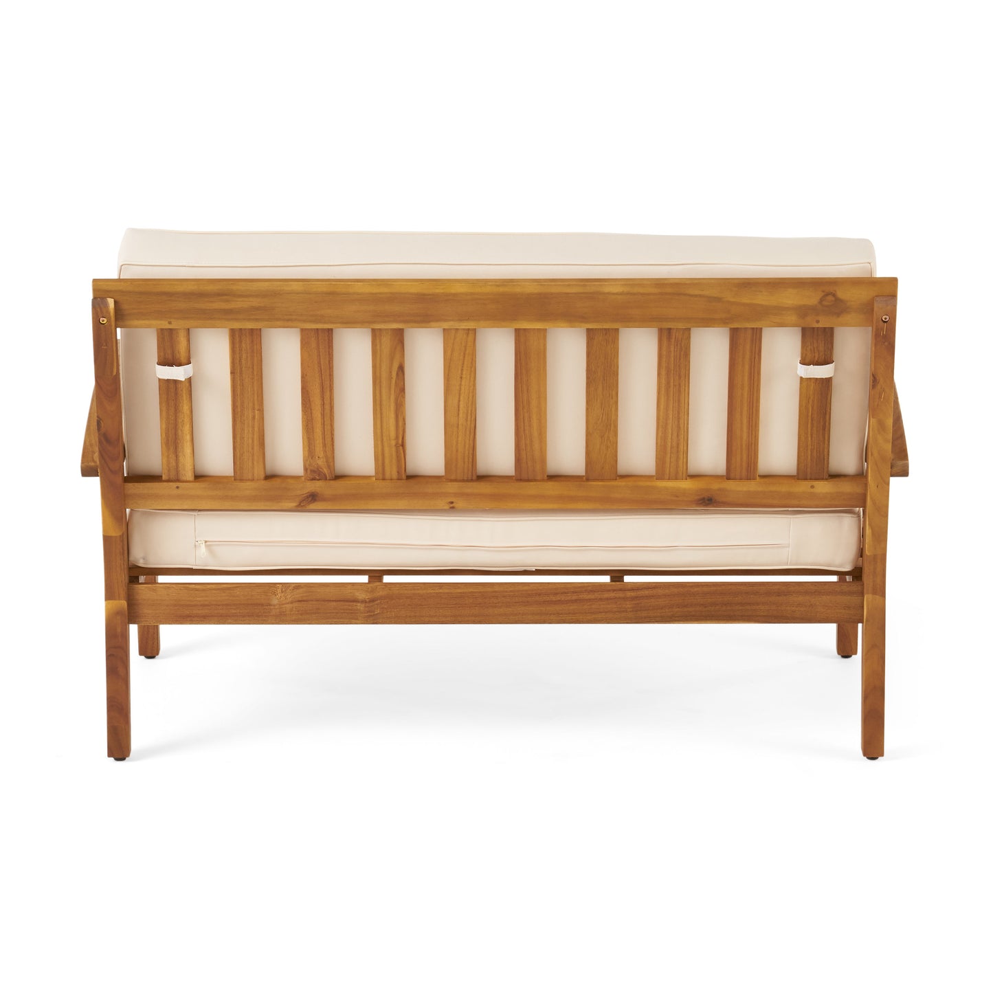 Acacia wood outdoor loveseat with beige cushions back view