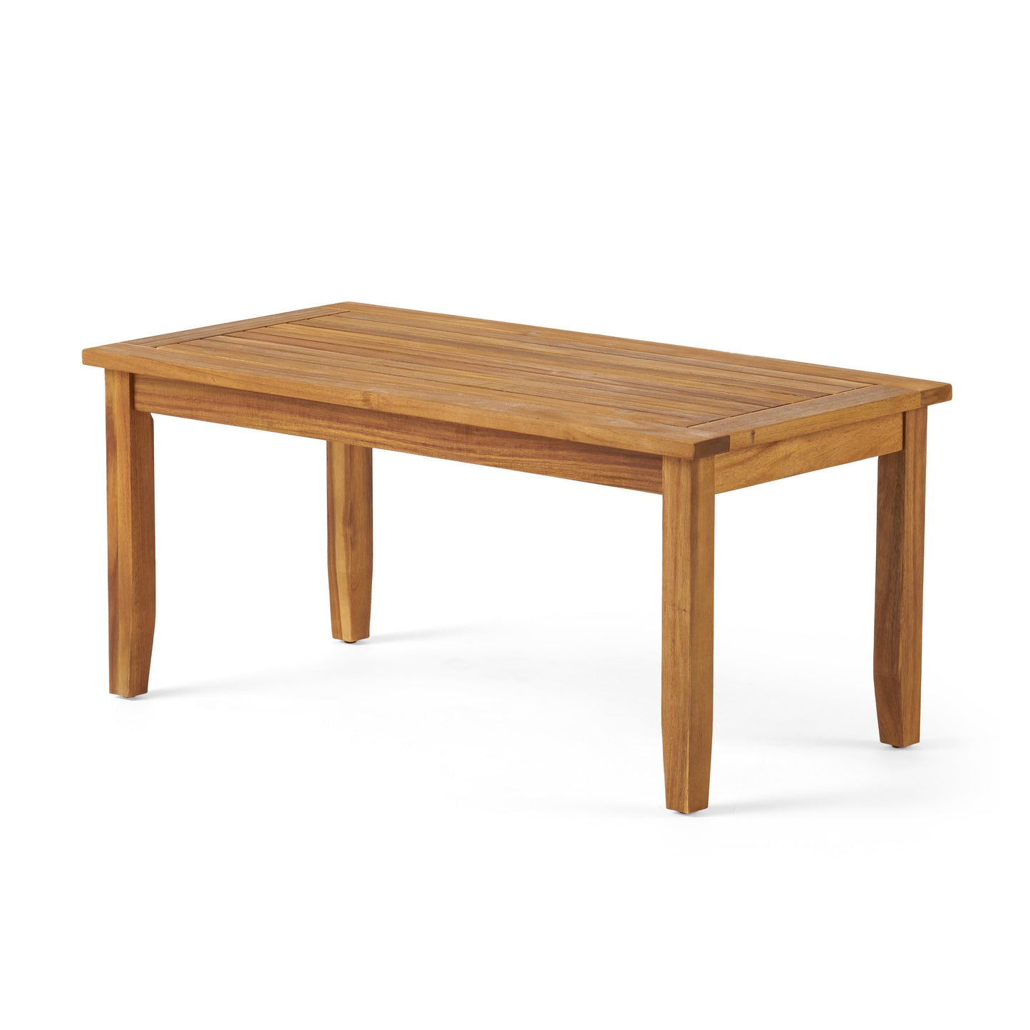 Rectangular wooden coffee table with slatted top and four tapered legs