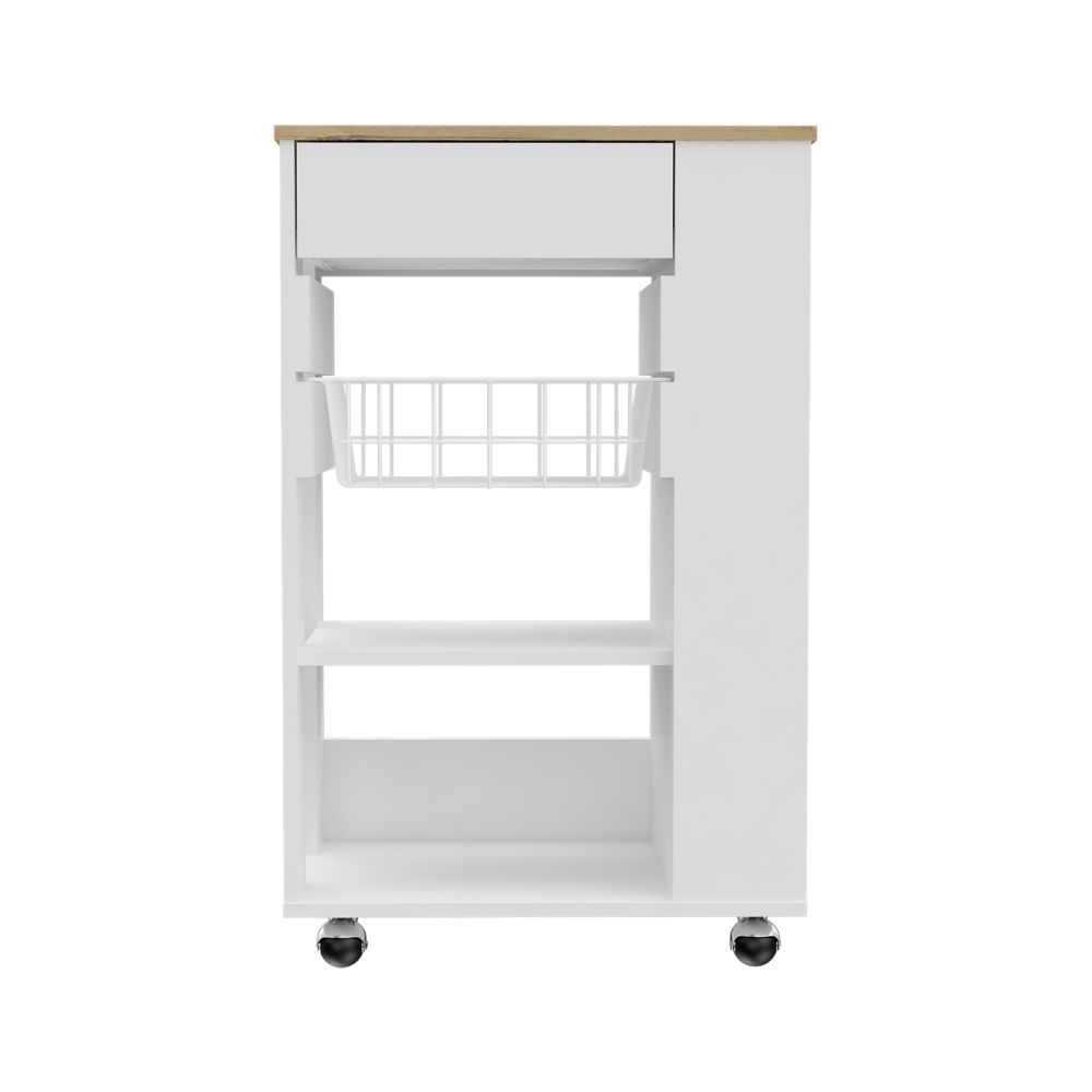 TREATLIFE HOME Kitchen Cart with Two Open Shelves, One Drawer, Rack, and Four Caster Wheels, White and Light Oak