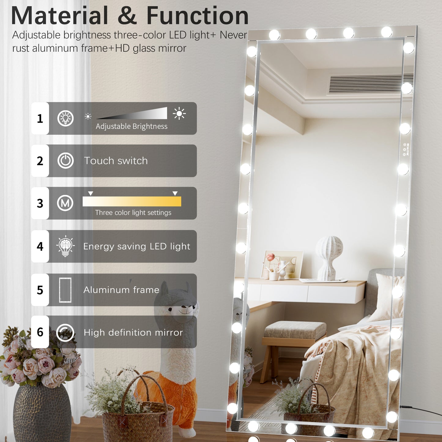 Fulllength Hollywood mirror with adjustable brightness and threecolor LED lighting