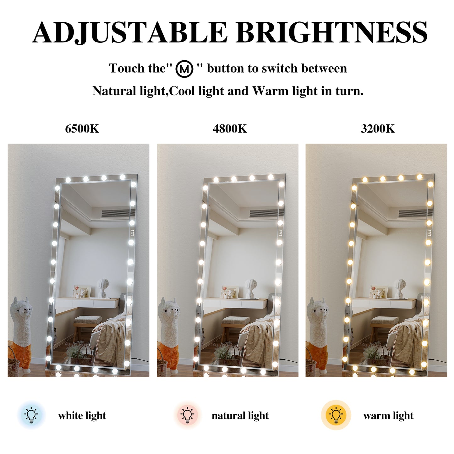 Fulllength mirror with adjustable brightness settings K cool white light