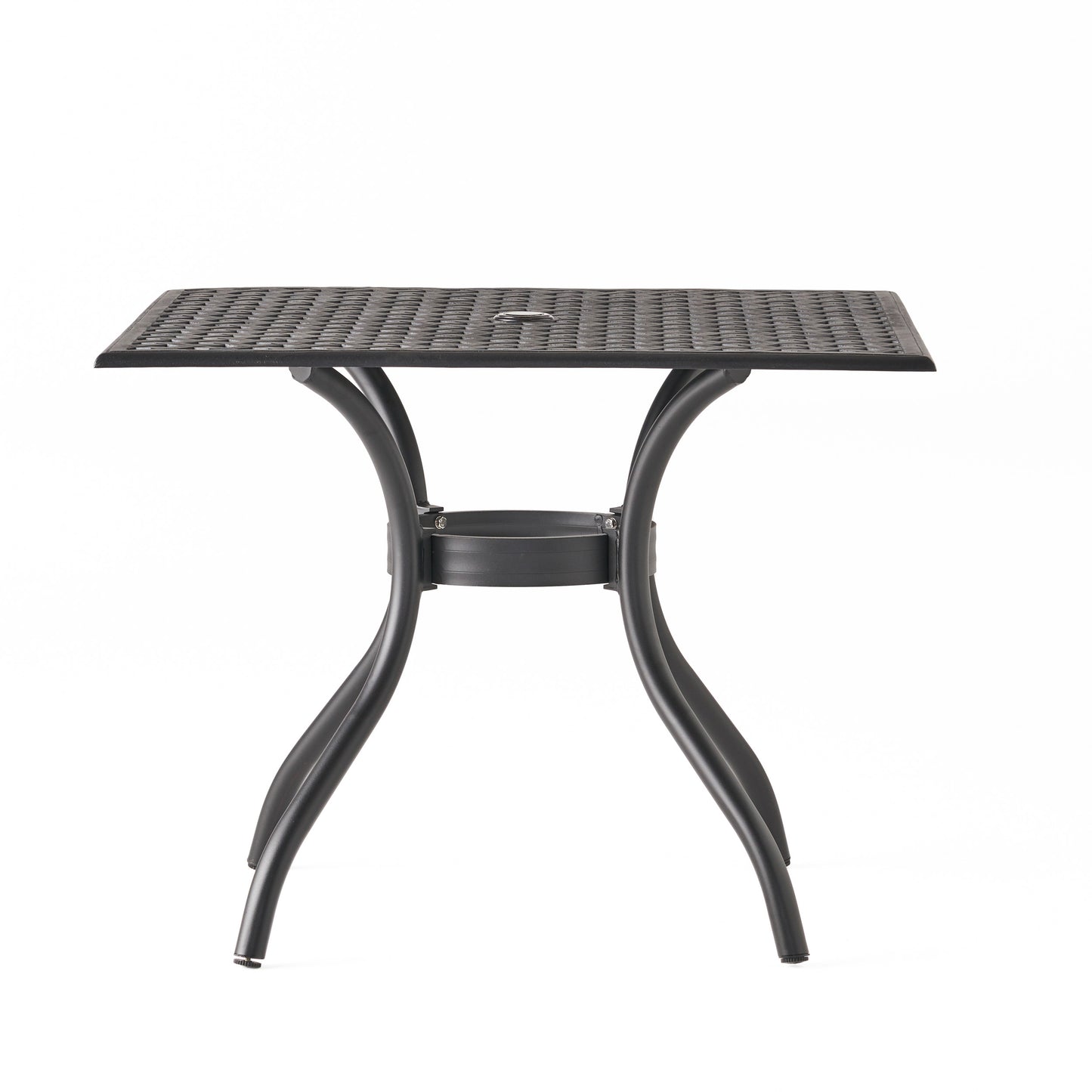Black metal patio table with intricate patterned tabletop and curved legs perfect for outdoor dining