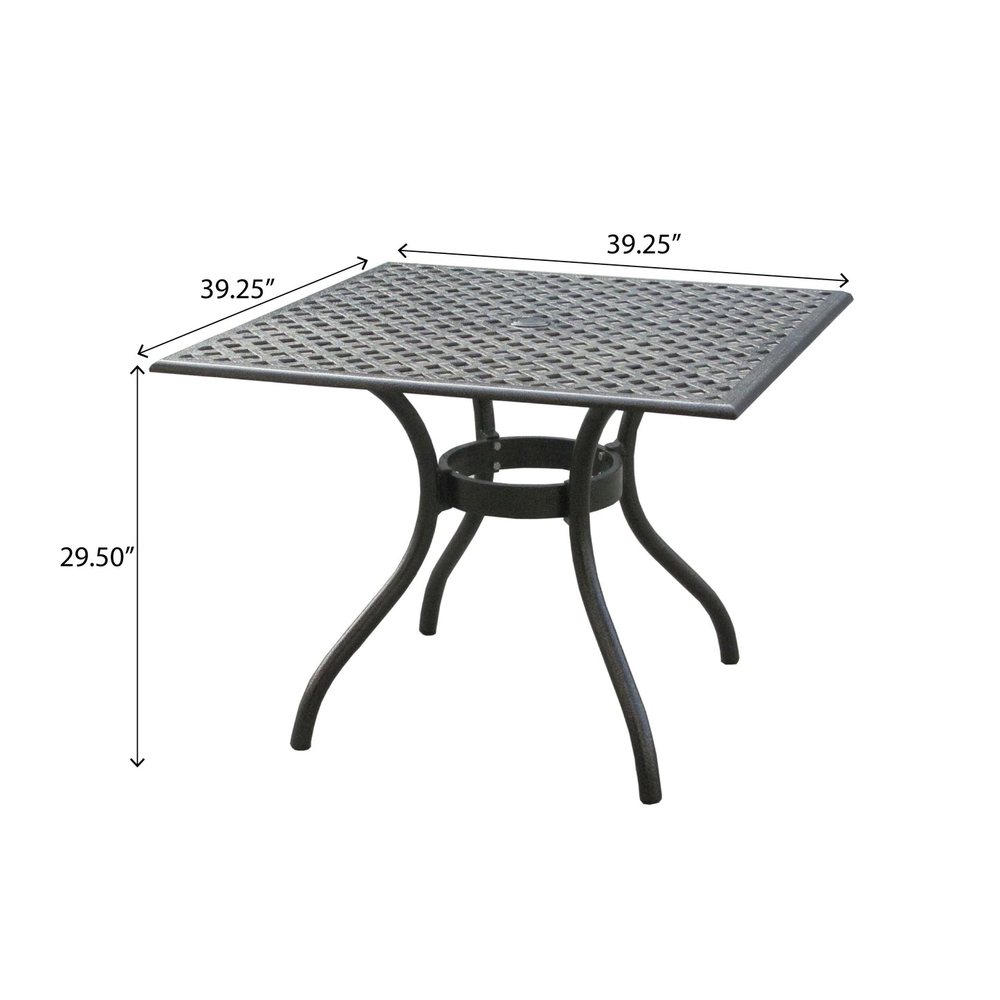 Dark gray cast aluminum patio table with diamond lattice top and umbrella hole