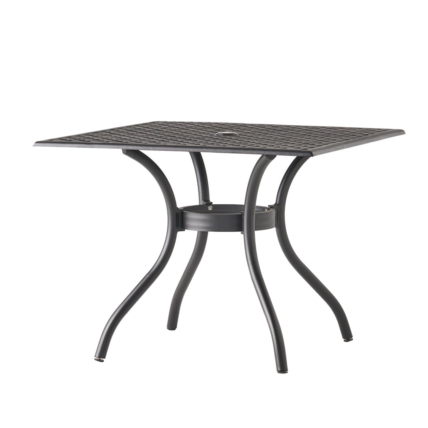 Black metal square outdoor patio table with woven lattice top and curved legs
