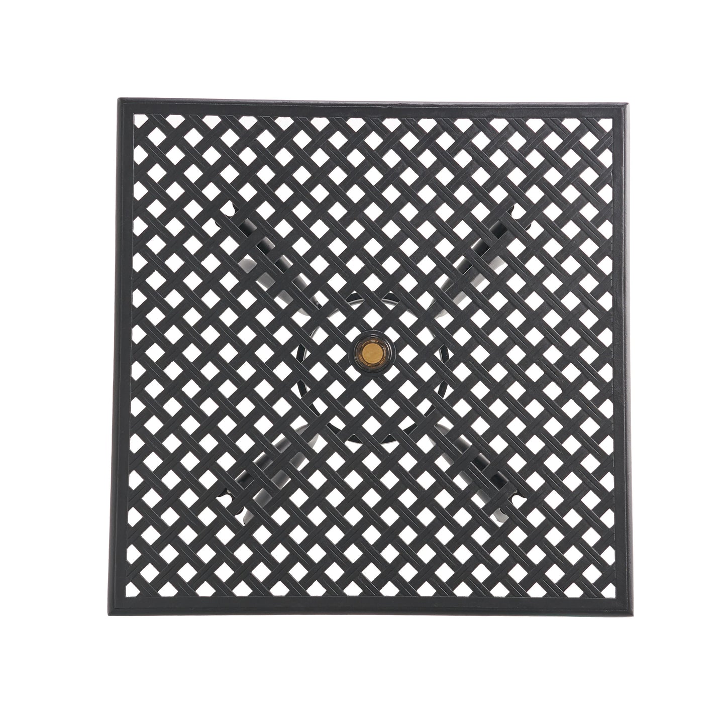 Black cast iron square table top with diamond lattice design and umbrella hole