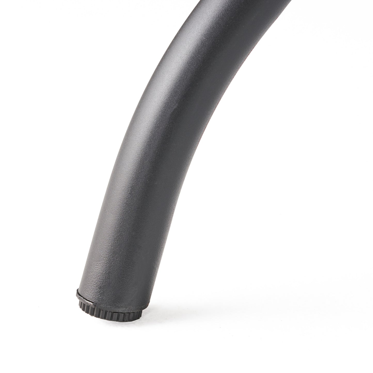 Close up of a black textured metal table leg with adjustable foot
