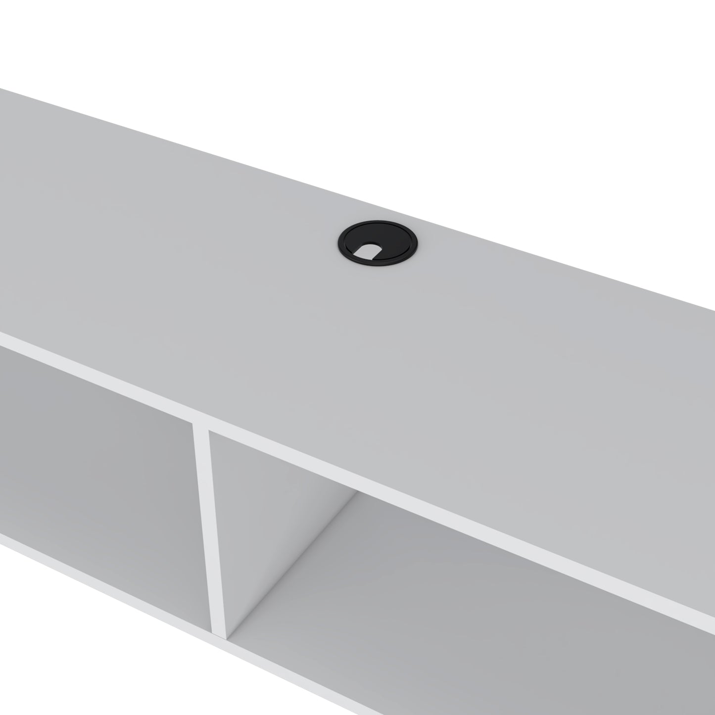 White modern desk with a black grommet for cable management