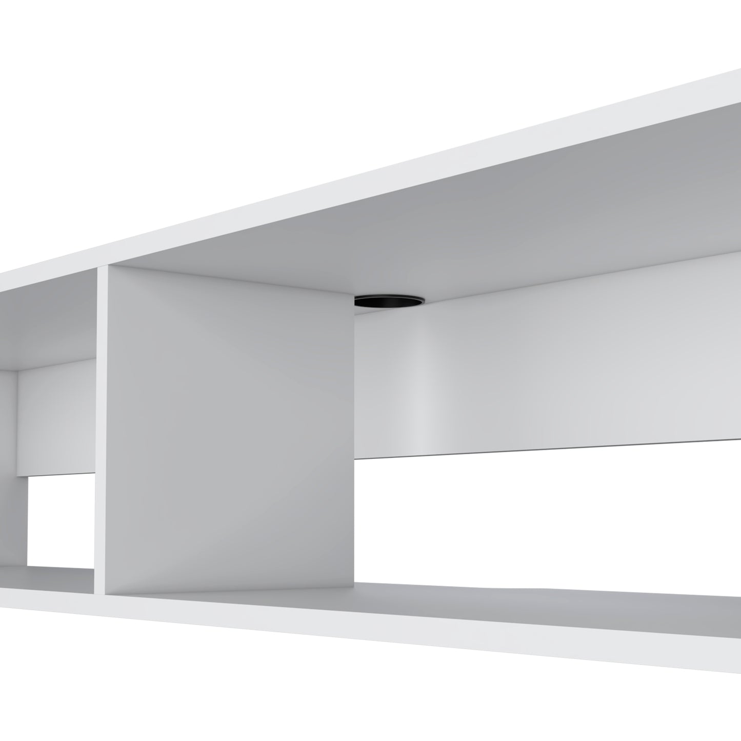 Modern white wall shelf with a discreet black cable management hole for a clean look
