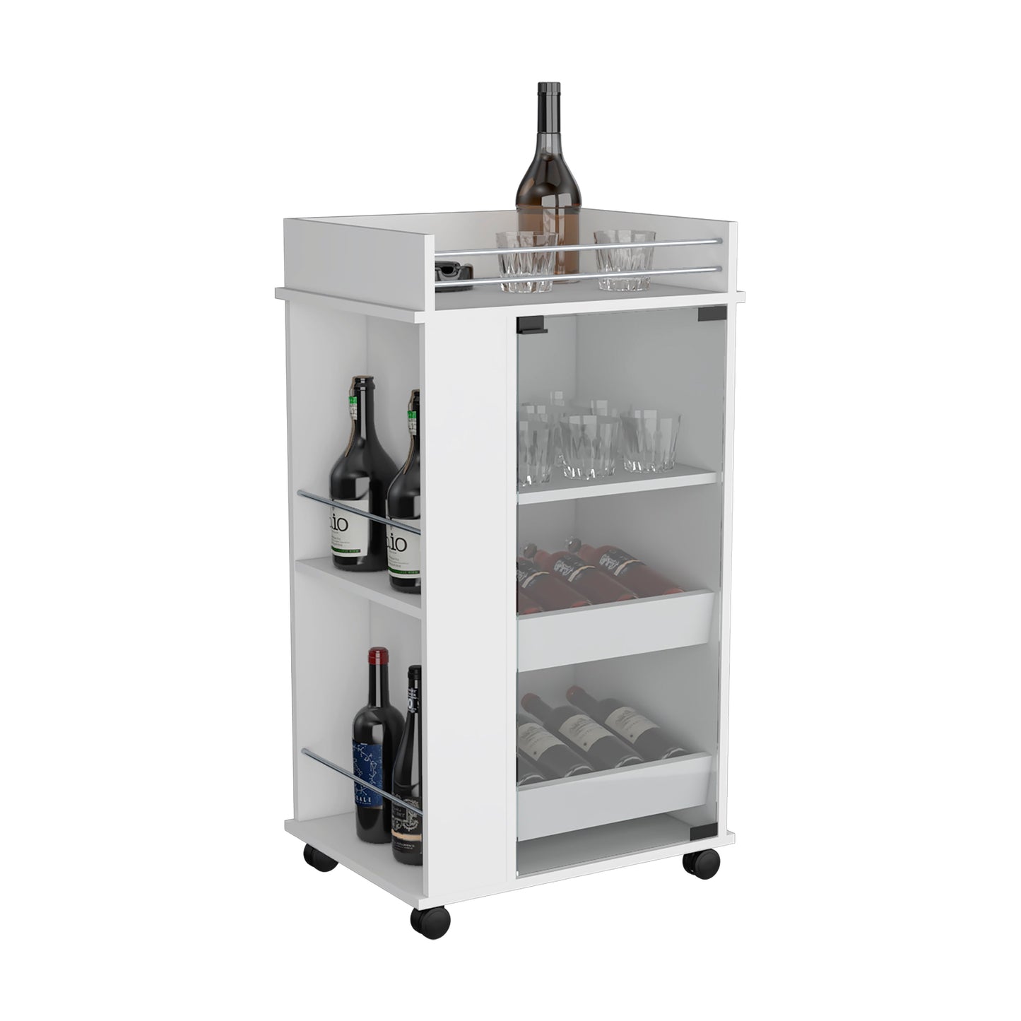 White rolling bar cart with wine bottles and glassware
