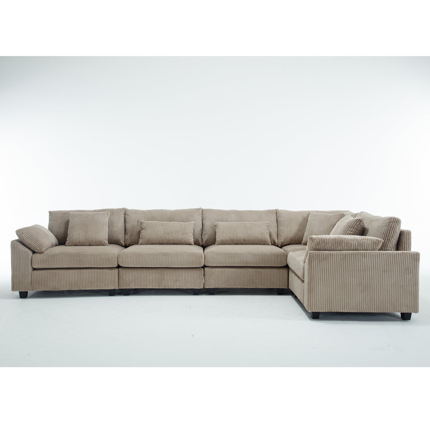 Beige corduroy sectional sofa with plush cushions and modern design