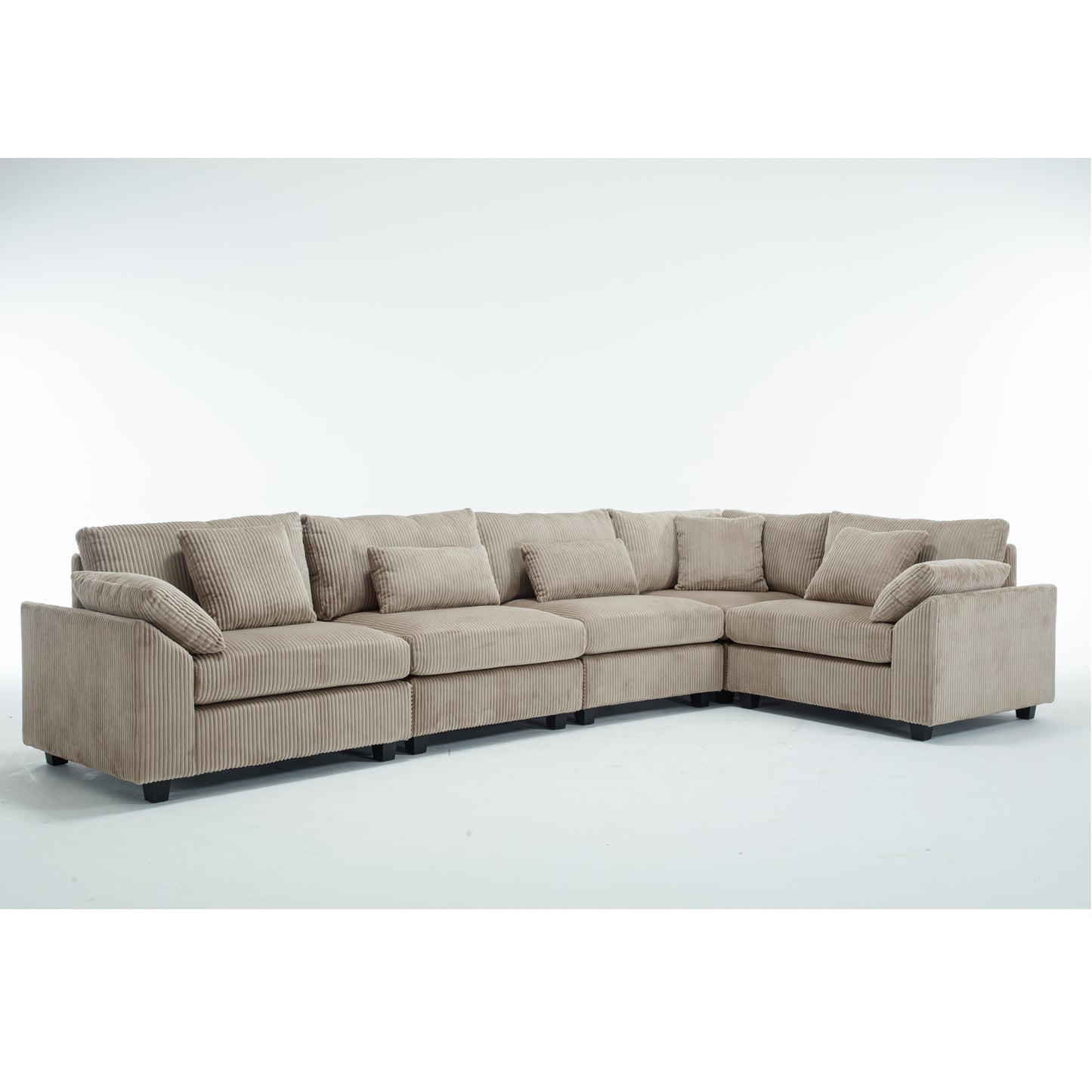 Beige corduroy sectional sofa with plush cushions for modern living room comfort