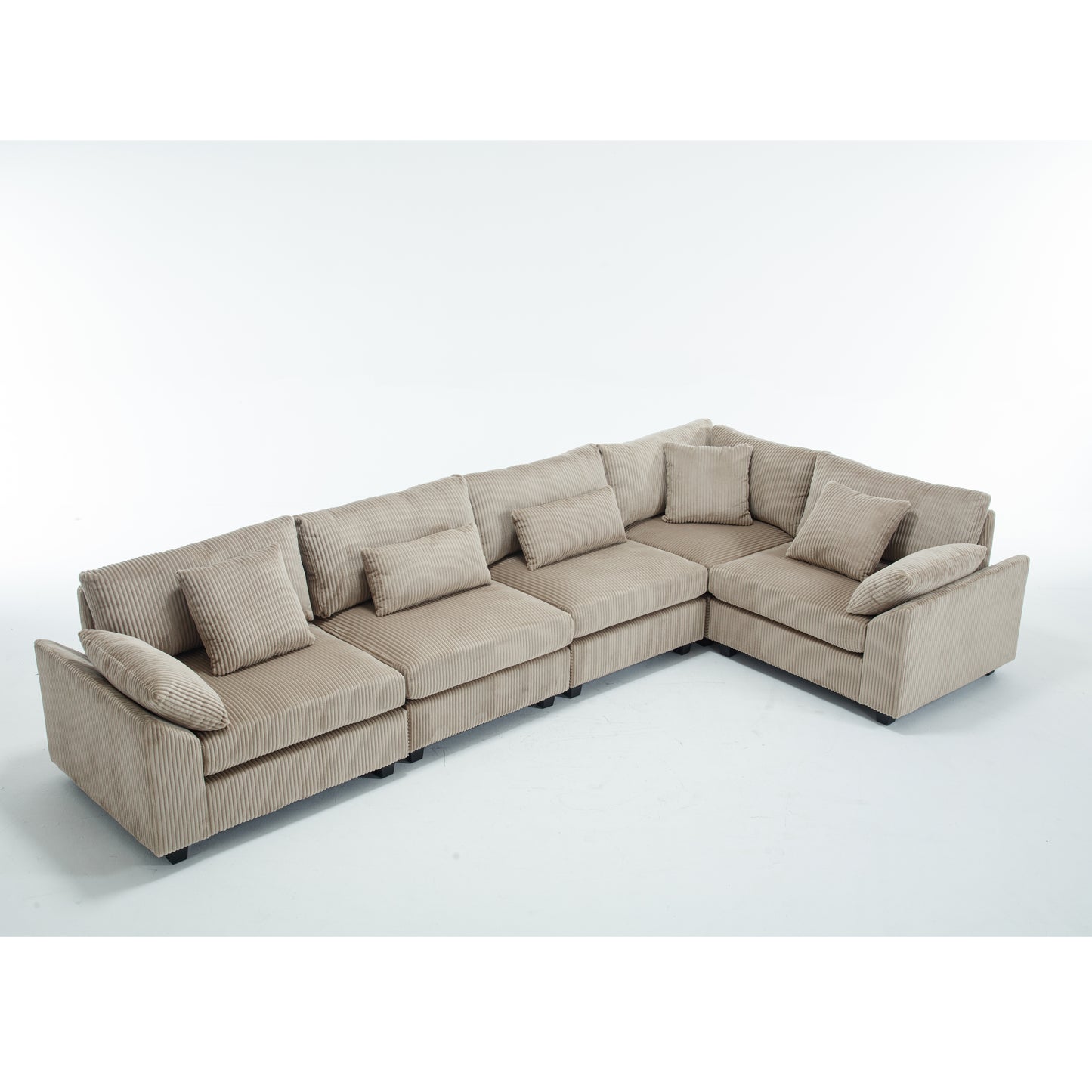 Beige corduroy sectional sofa with multiple plush cushions for ultimate comfort