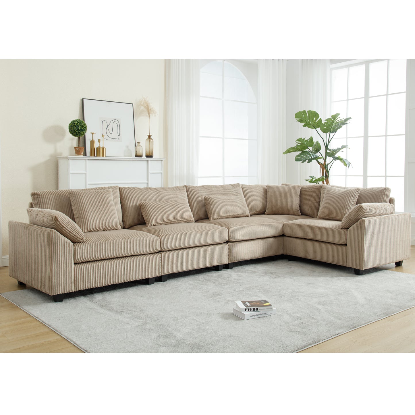 Beige corduroy sectional sofa with plush cushions and modern design