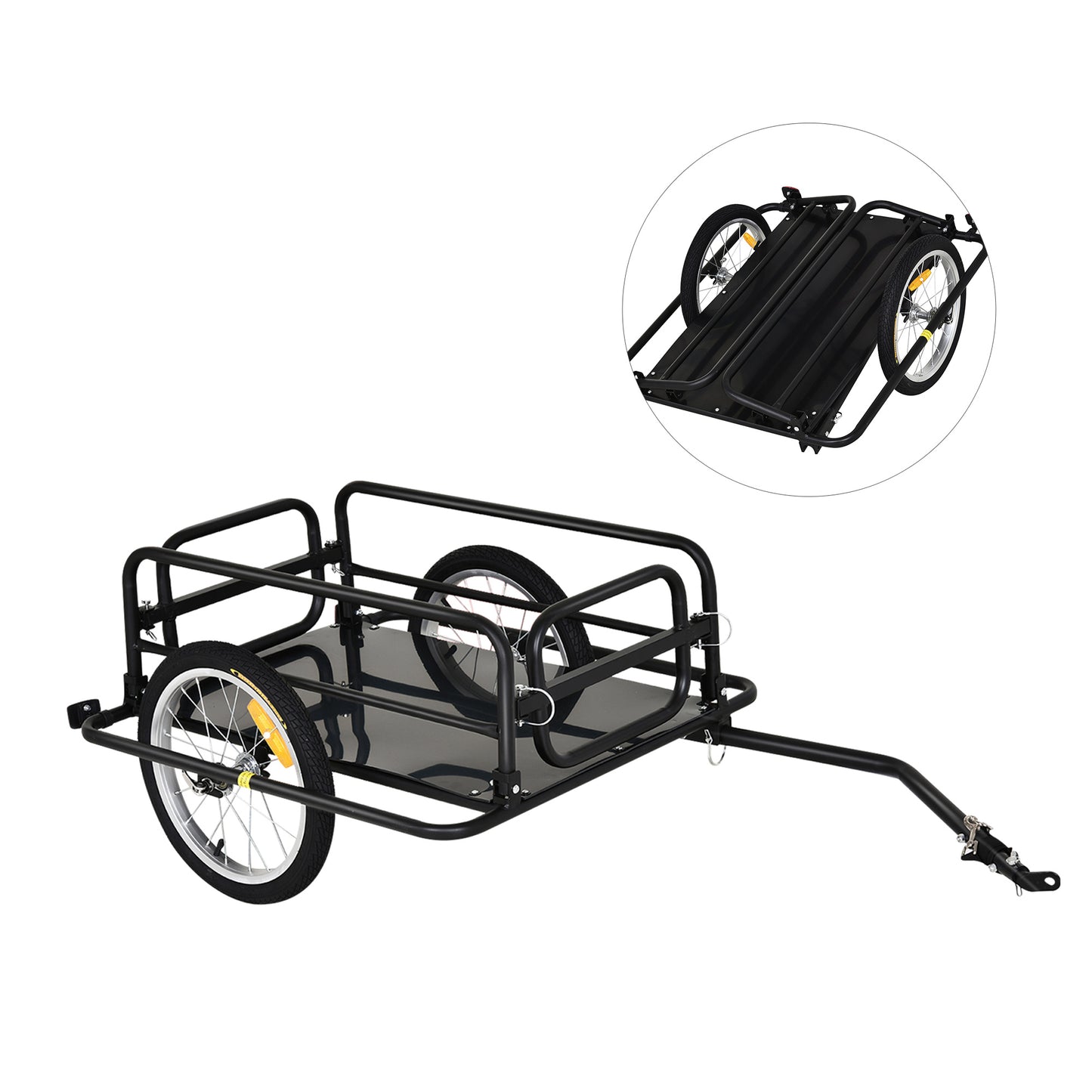 Black steel bicycle cargo trailer with two wheels and hitch arm